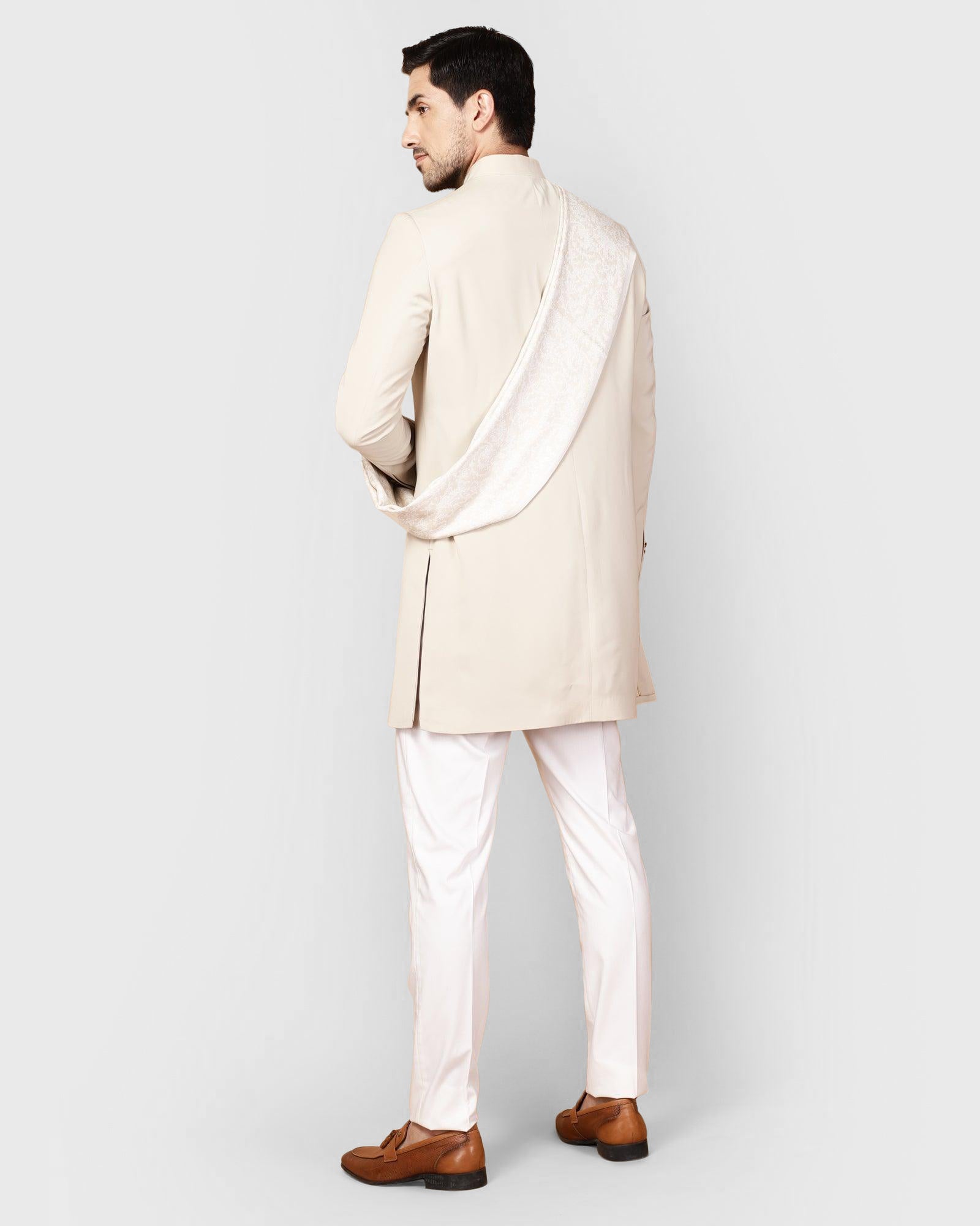 Beige Swarn Solid Achkan Set - Fretor