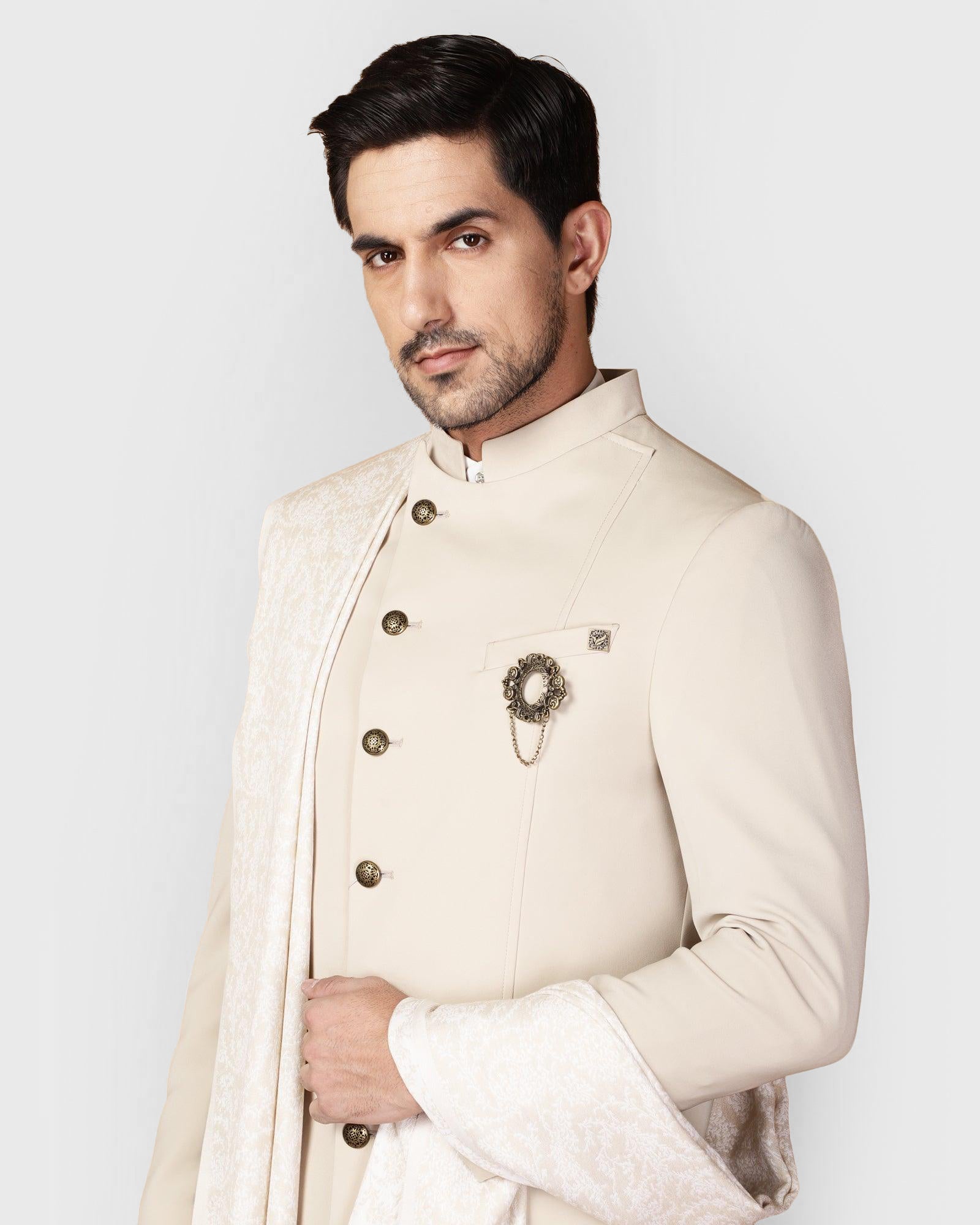 Beige Swarn Solid Achkan Set - Fretor
