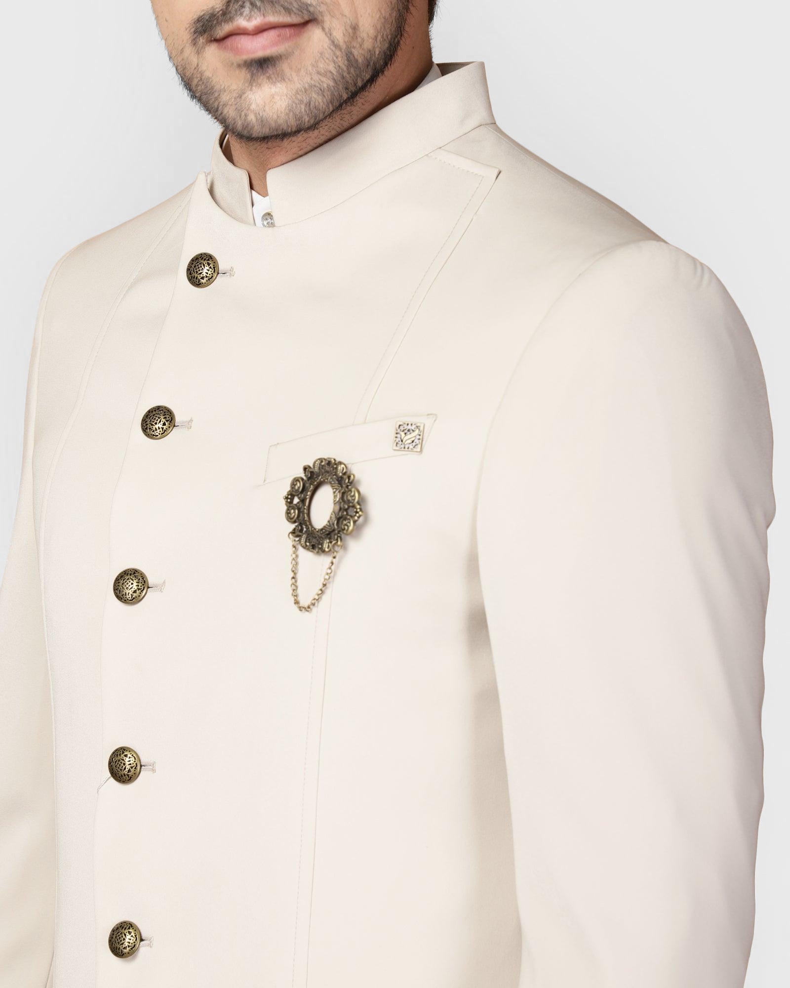 Beige Swarn Solid Achkan Set - Fretor