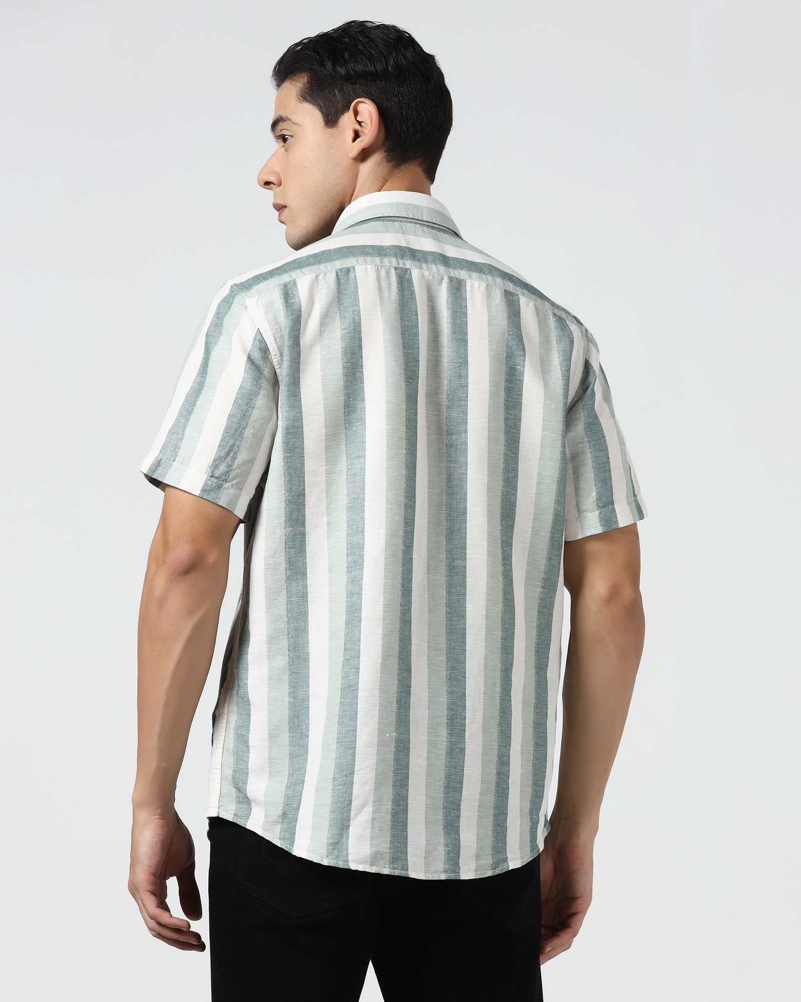 Green Half Sleeve Linen Stripe Shirt - Vintar