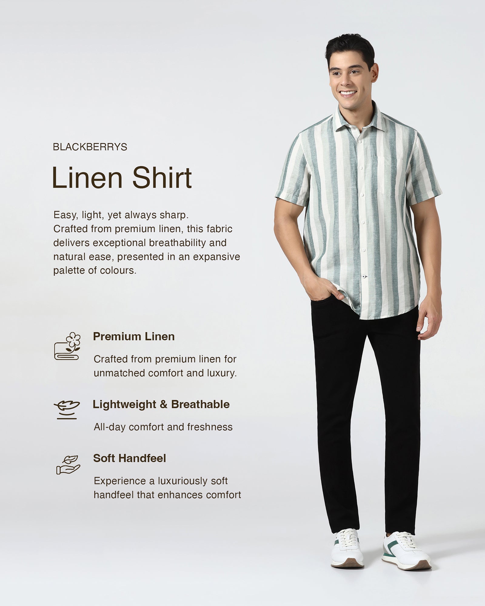 Green Half Sleeve Linen Stripe Shirt - Vintar