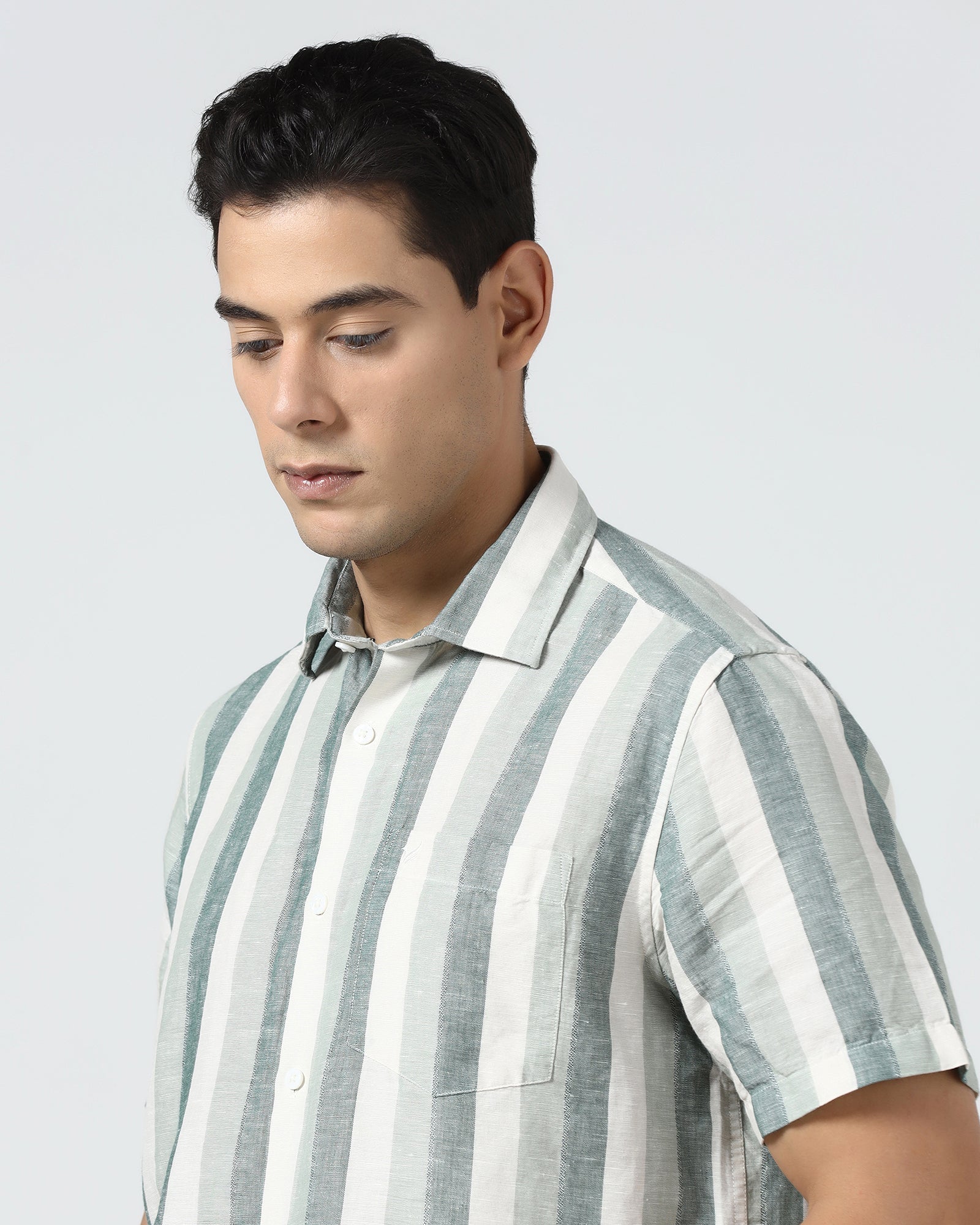 Green Half Sleeve Linen Stripe Shirt - Vintar
