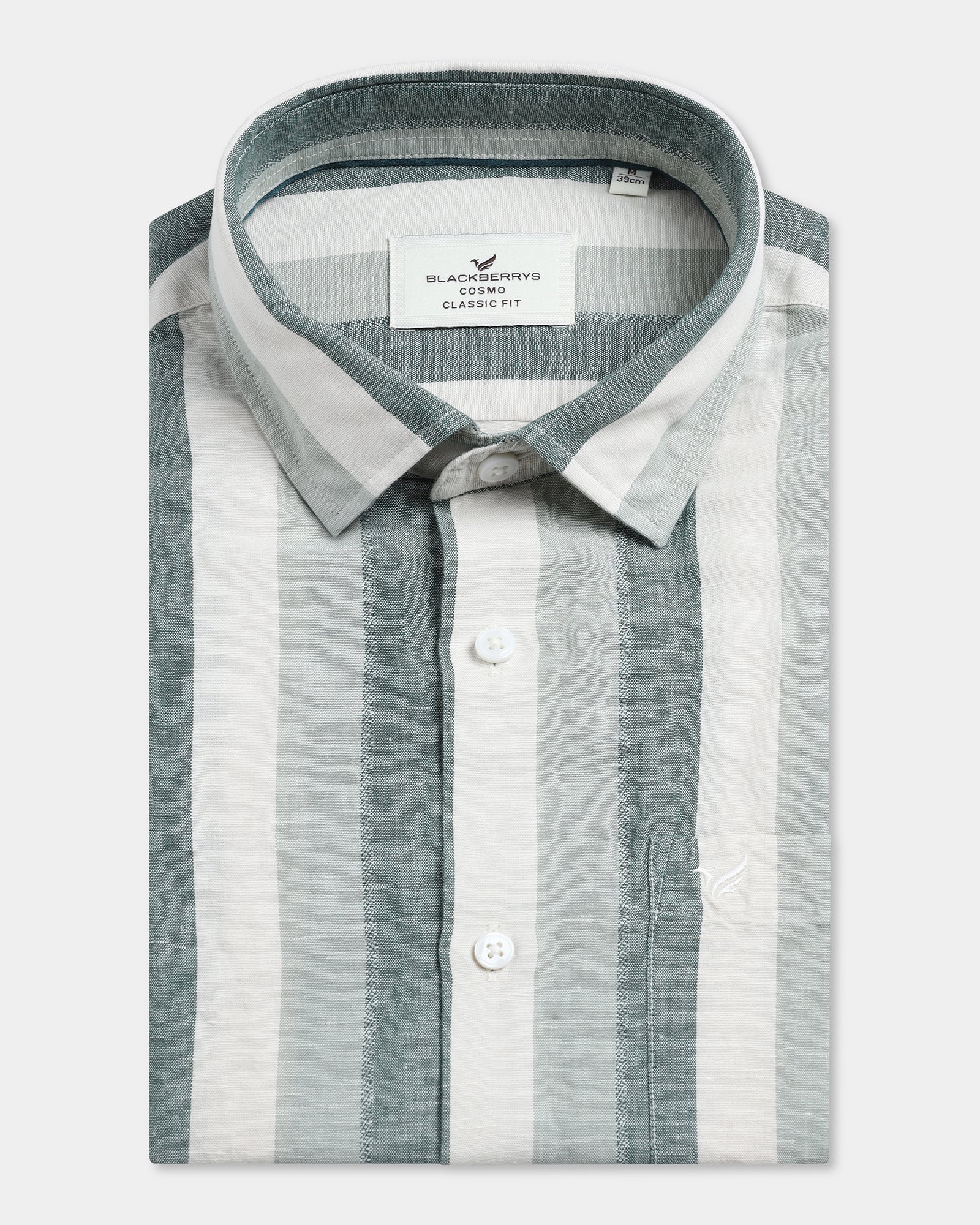 Green Half Sleeve Linen Stripe Shirt - Vintar