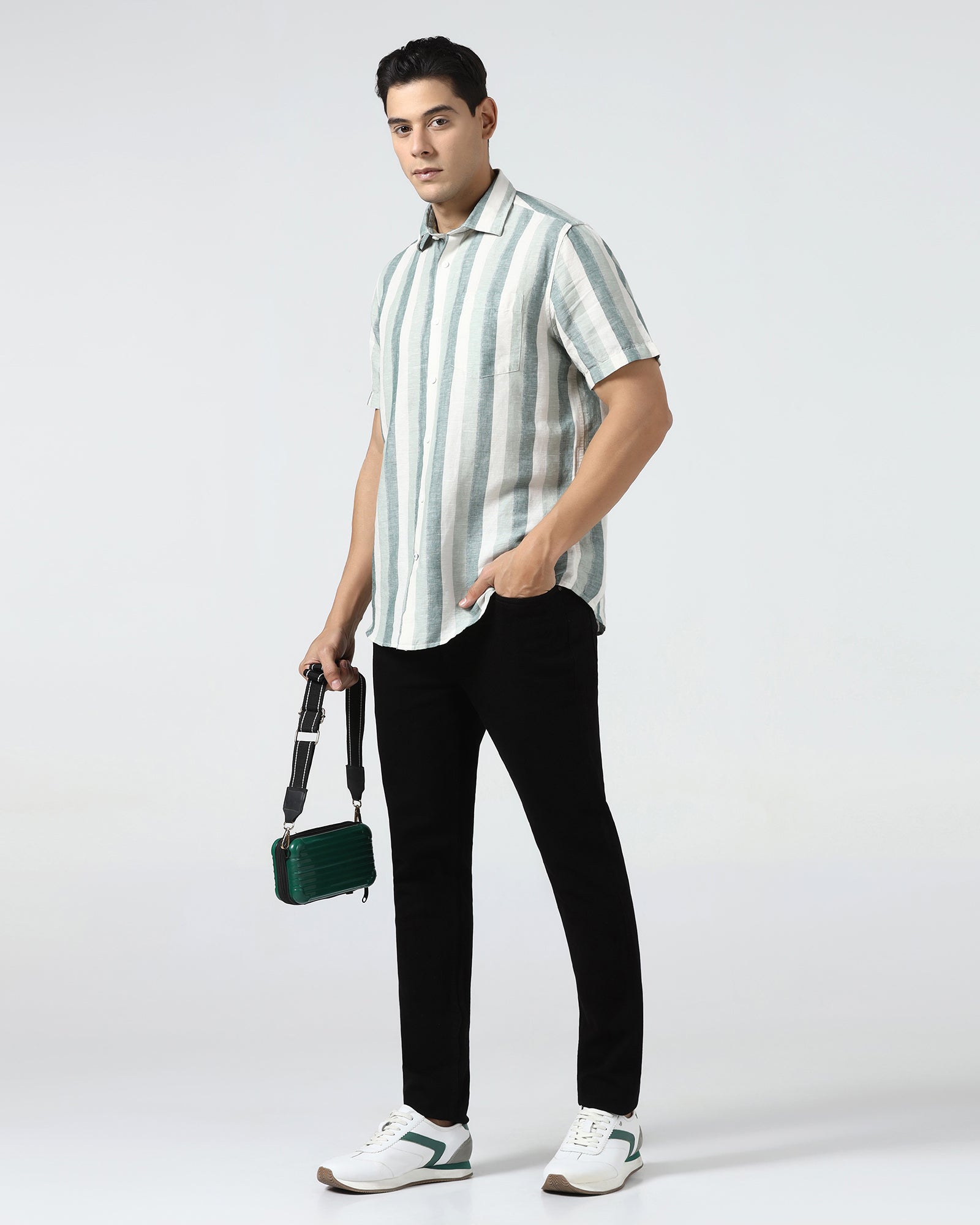 Green Half Sleeve Linen Stripe Shirt - Vintar