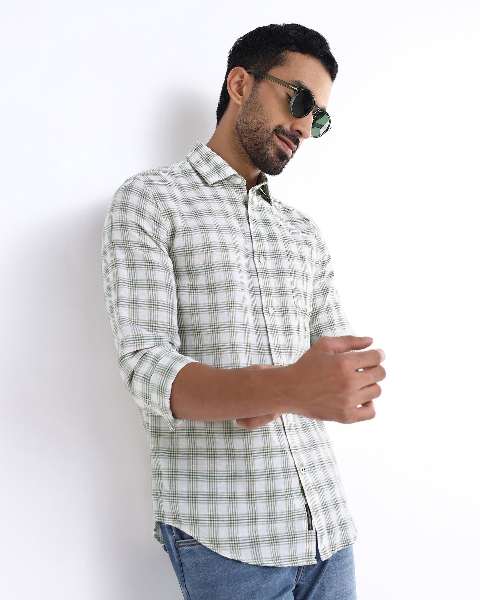 Green Linen Check Shirt - Dravo