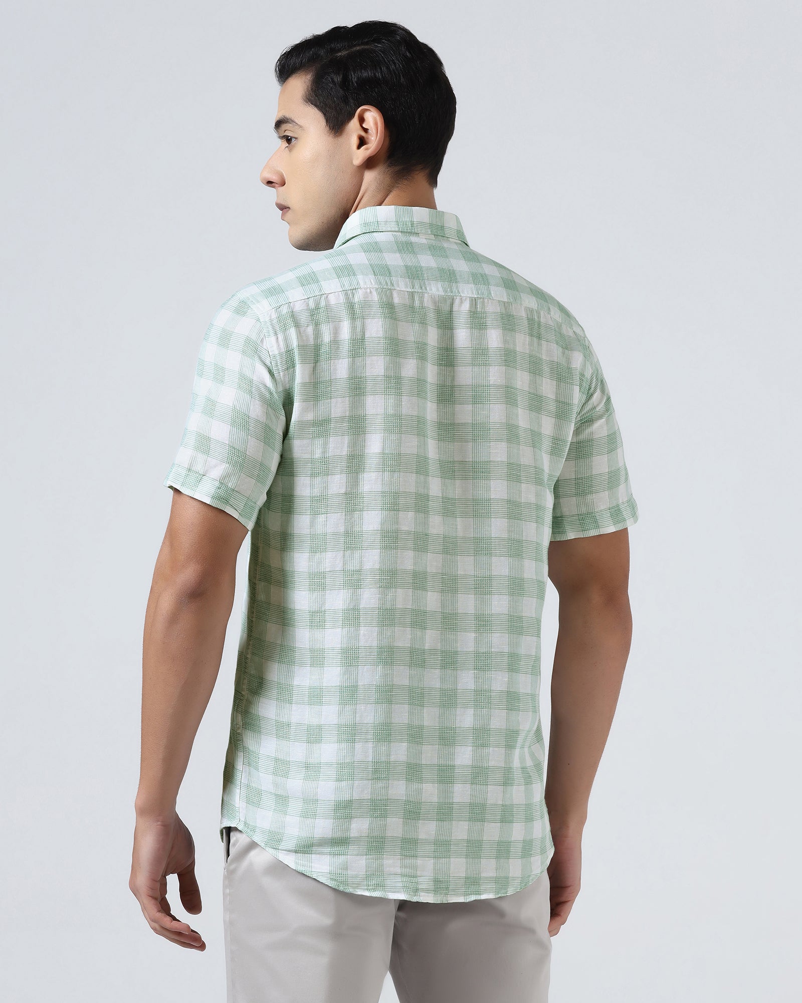 Green Half Sleeve Linen Check Shirt - Yudi