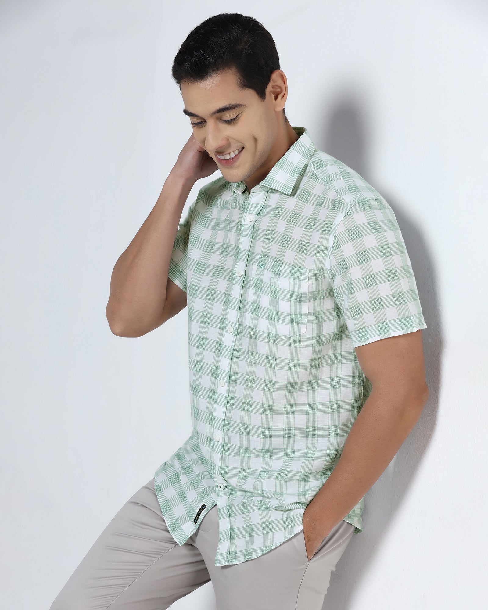 Green Half Sleeve Linen Check Shirt - Yudi