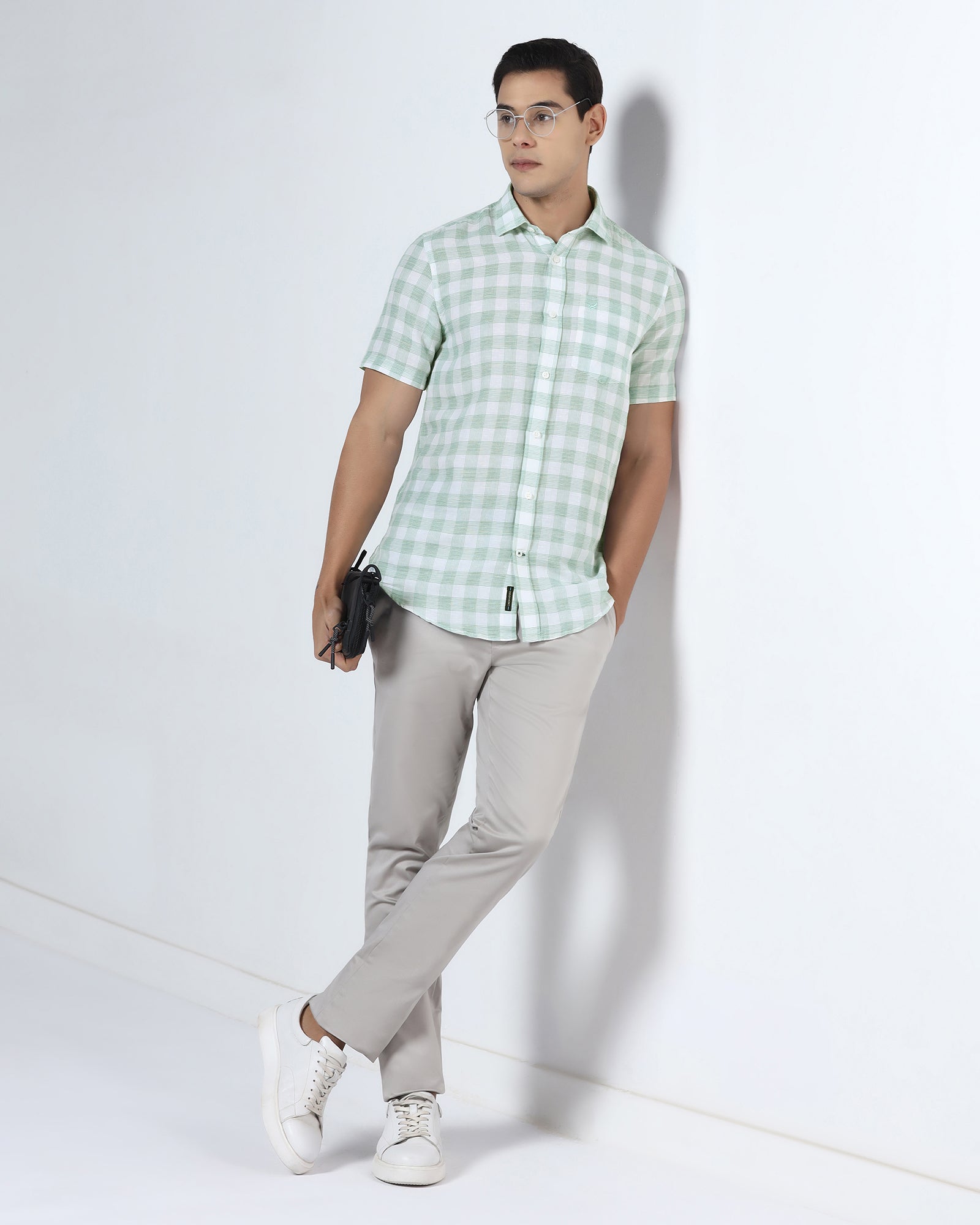 Green Half Sleeve Linen Check Shirt - Yudi