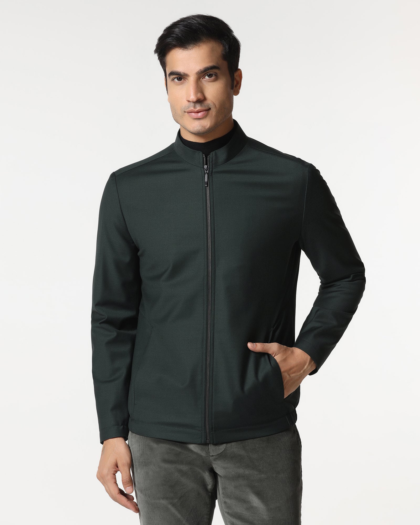 Green Solid Zipper Jacket - Zeno