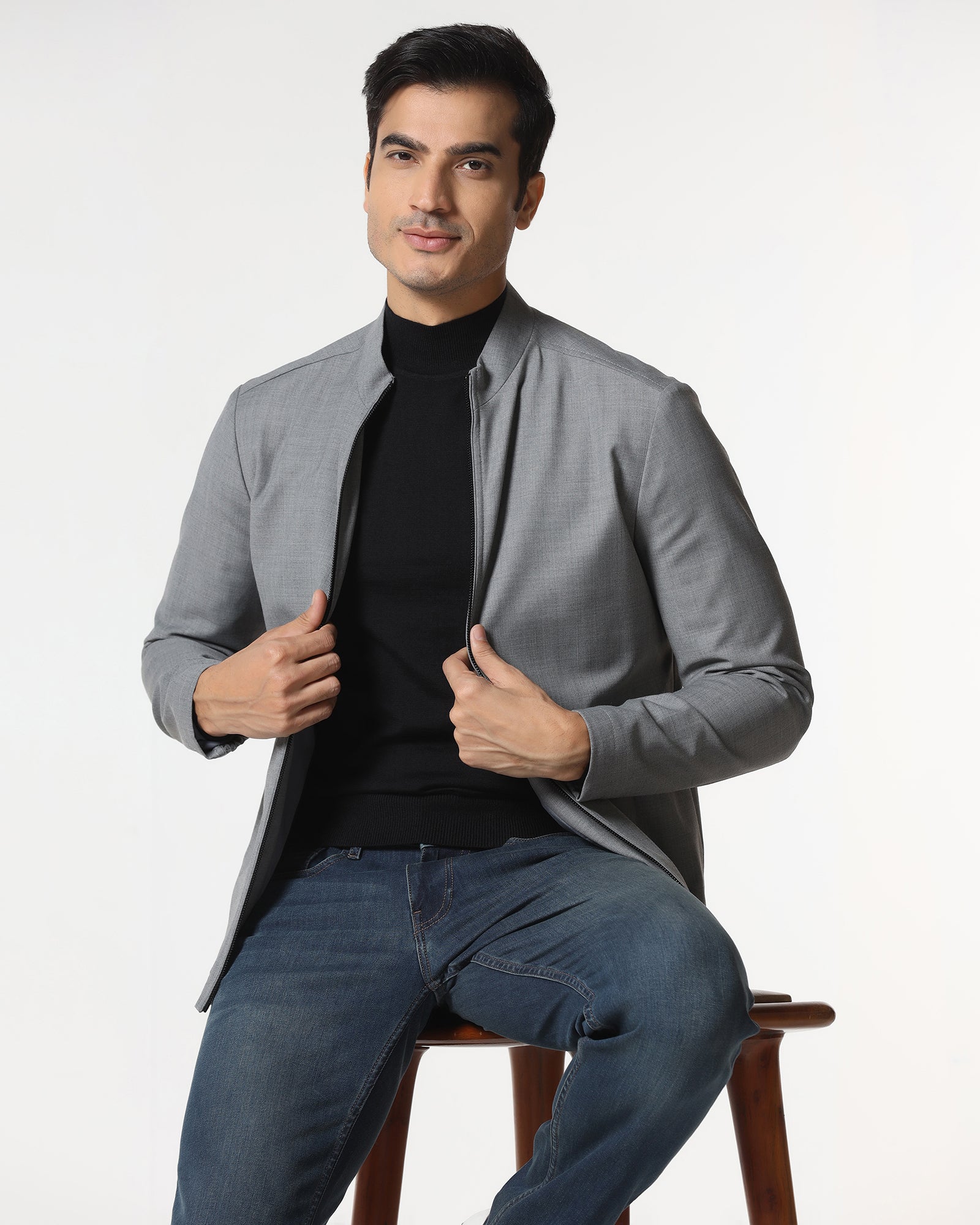 Grey Solid Zipper Jacket - Zeno