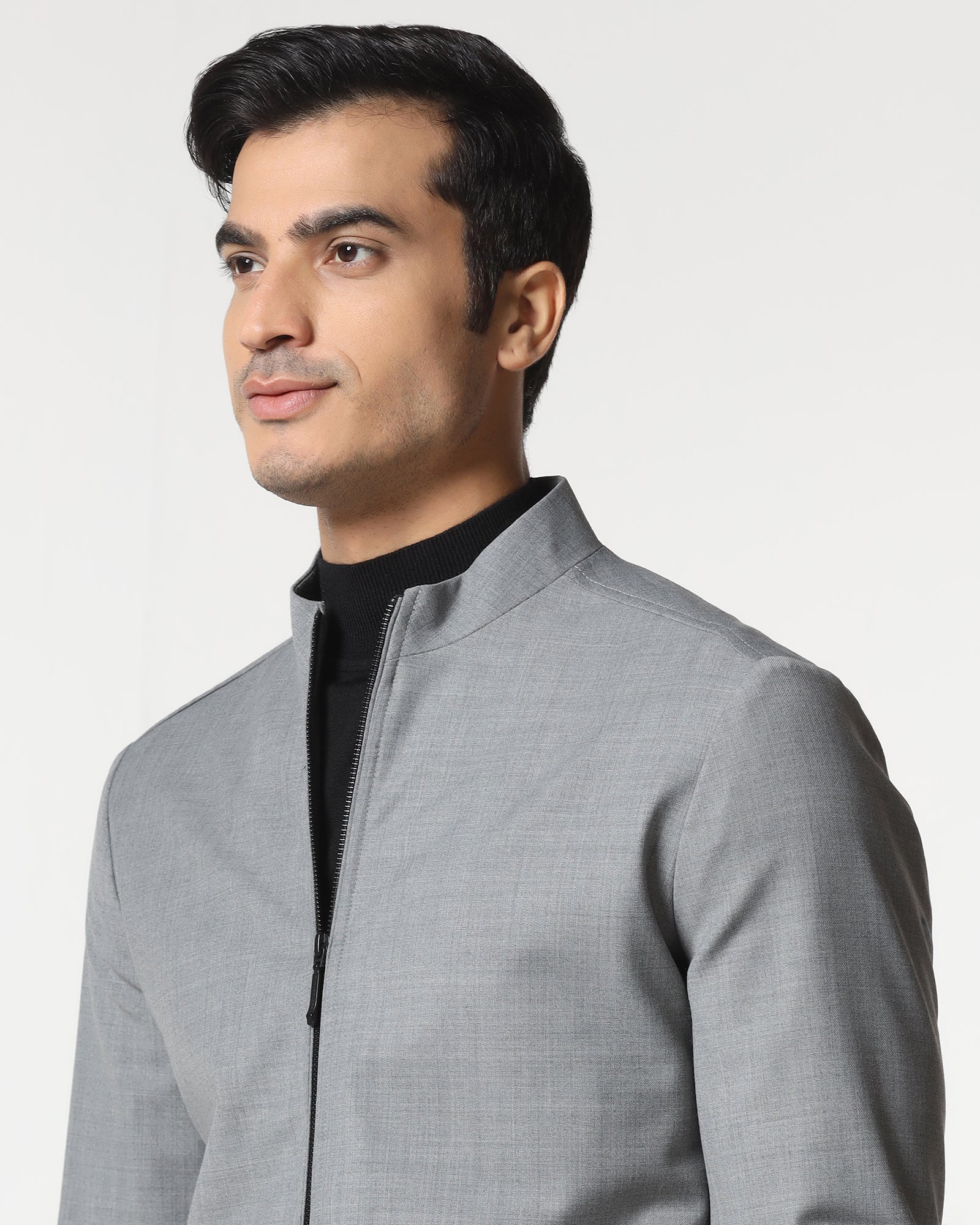 Grey Solid Zipper Jacket - Zeno