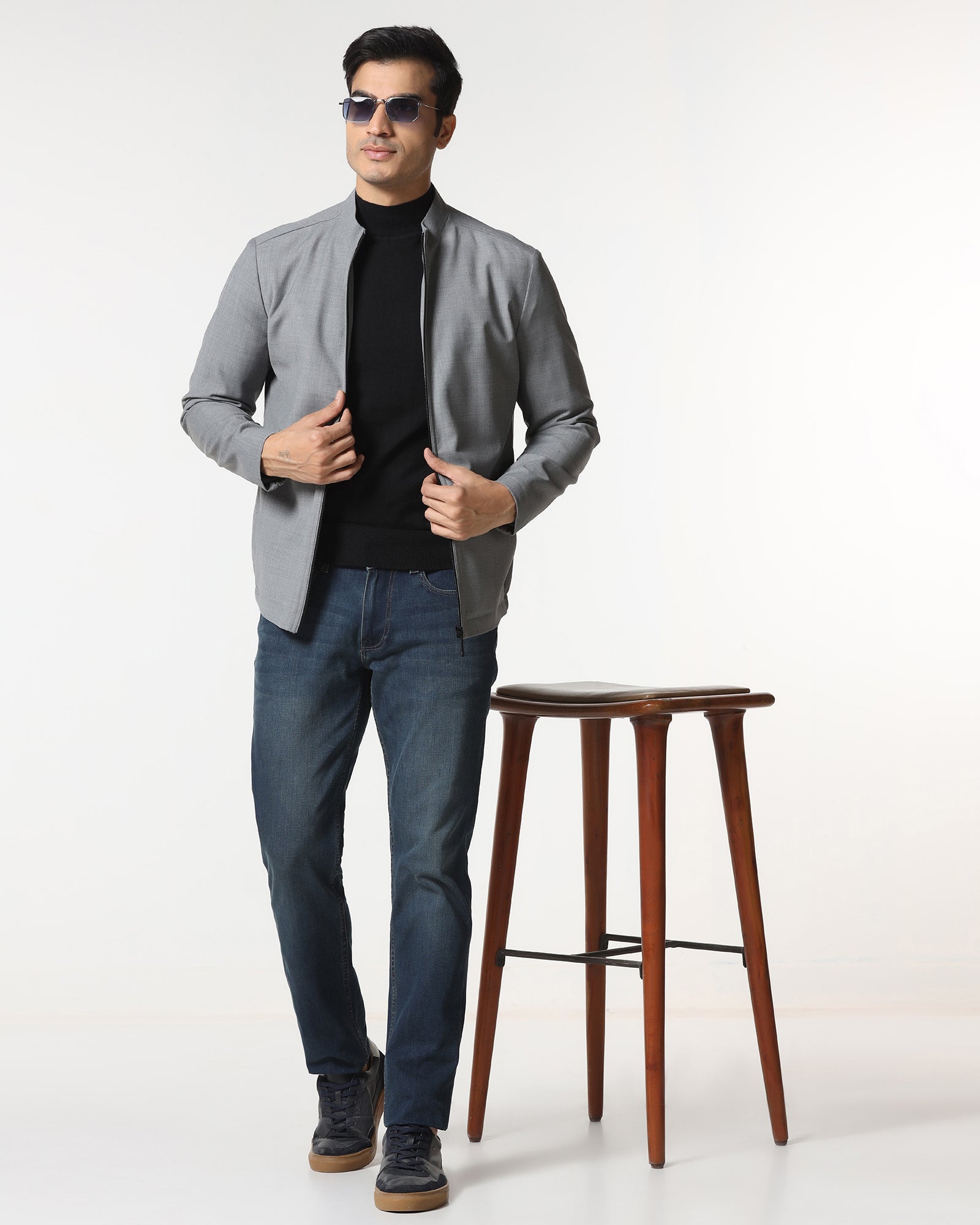 Grey Solid Zipper Jacket - Zeno