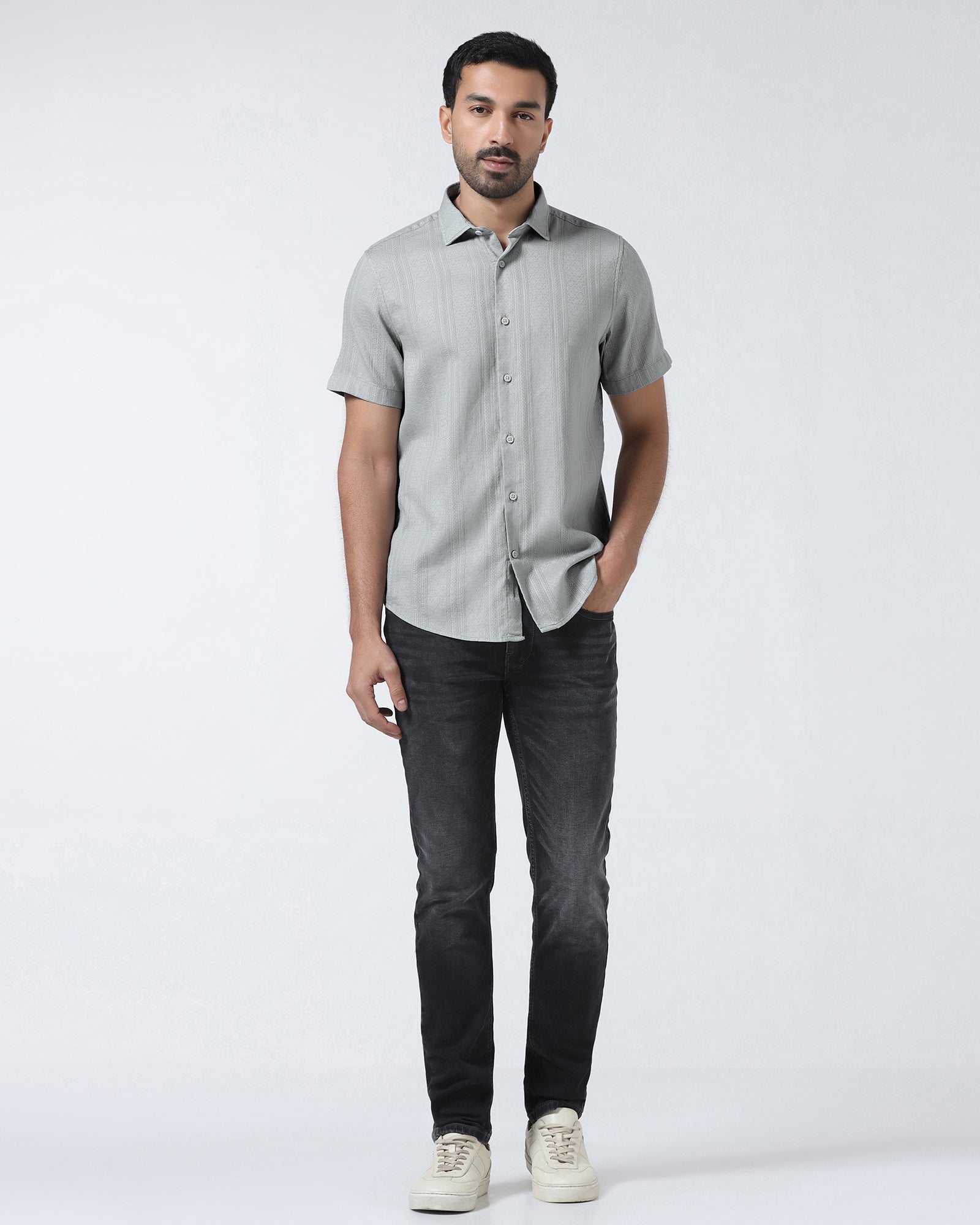 Grey Half Sleeve Textured Shirt - Lambo