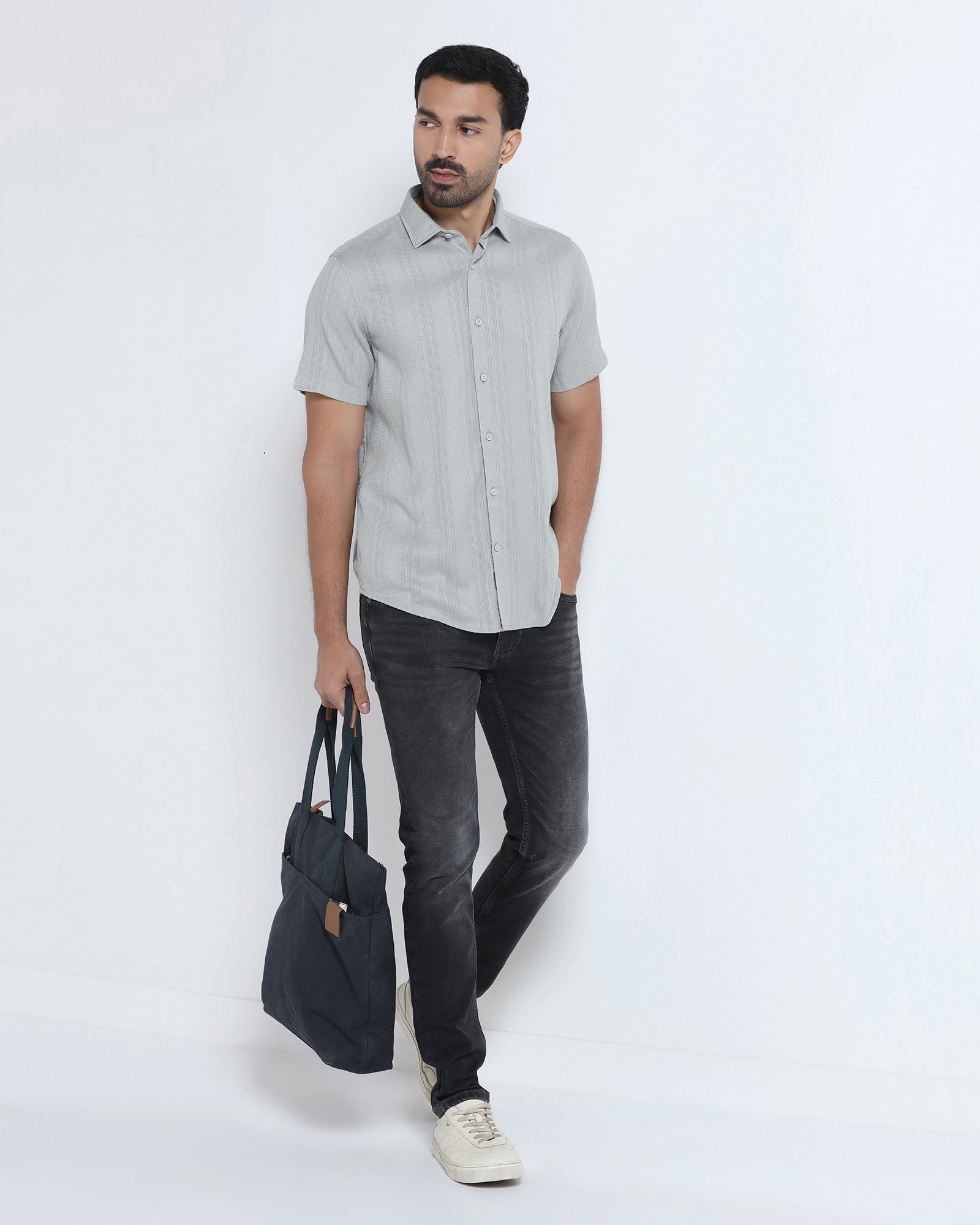 Grey Half Sleeve Textured Shirt - Lambo