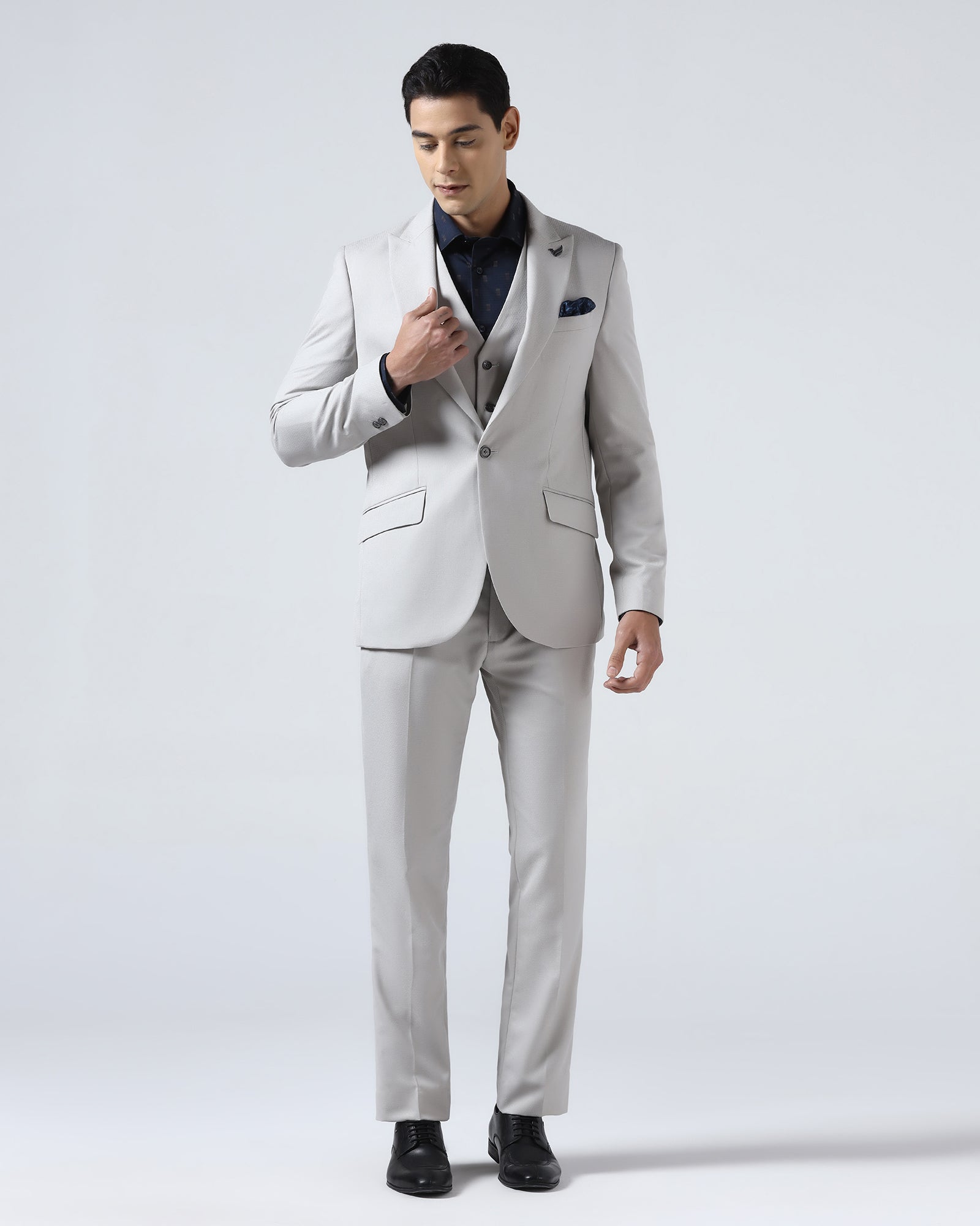 Grey Three Piece Jacquard Suit - Balliso