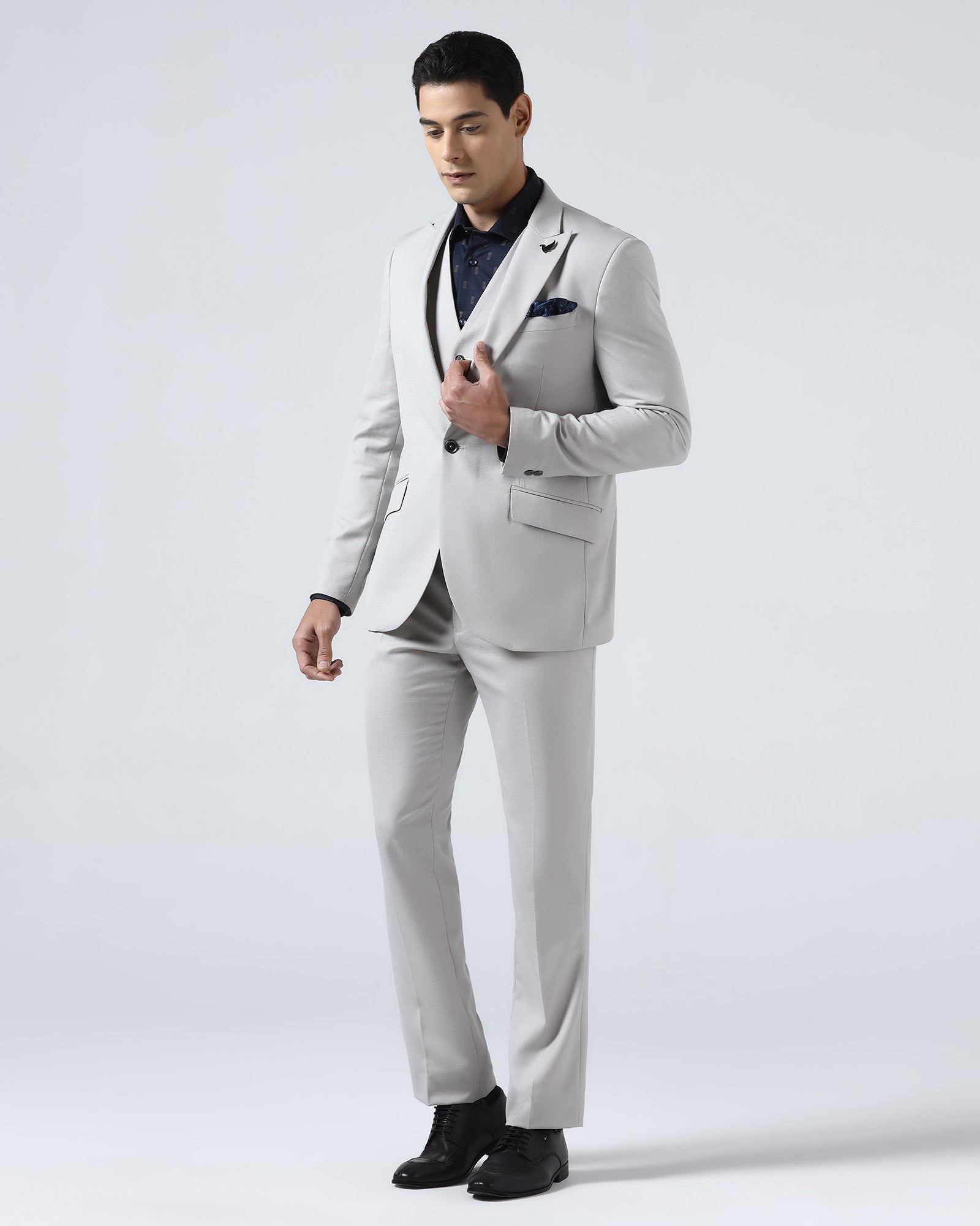 Grey Three Piece Jacquard Suit - Balliso
