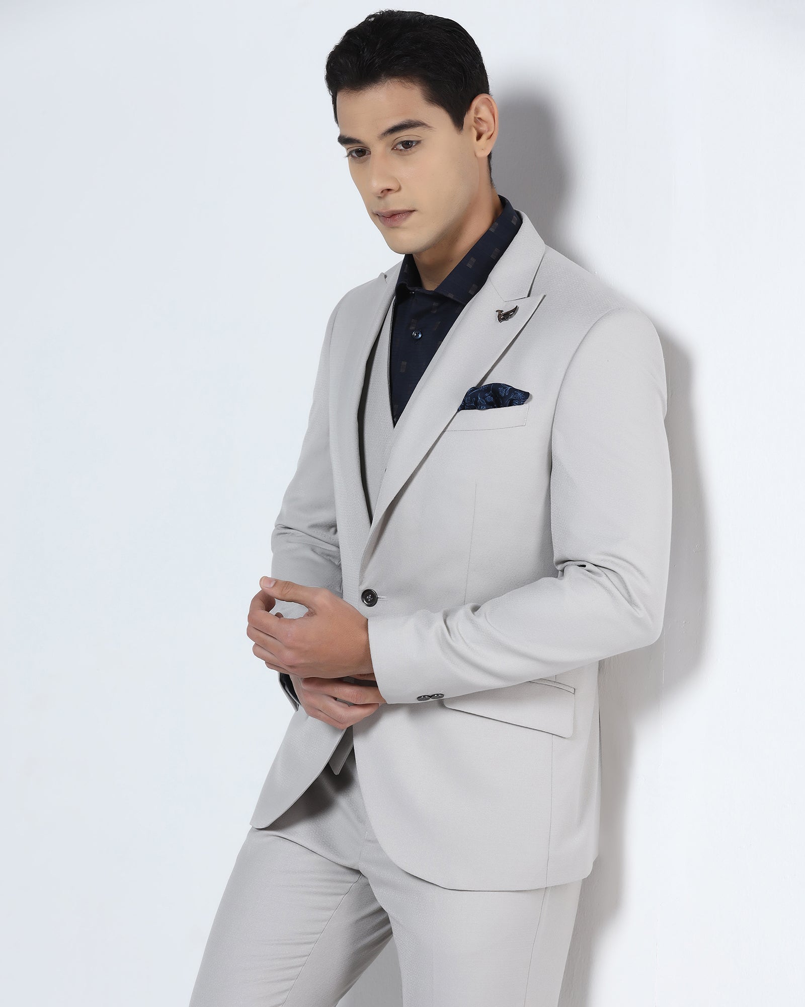 Grey Three Piece Jacquard Suit - Balliso