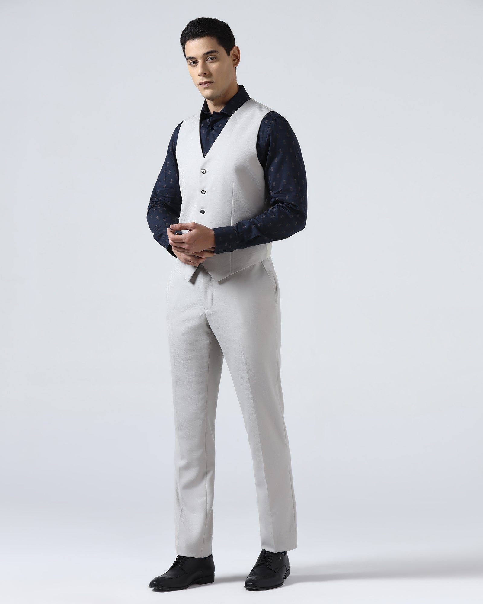 Grey Three Piece Jacquard Suit - Balliso