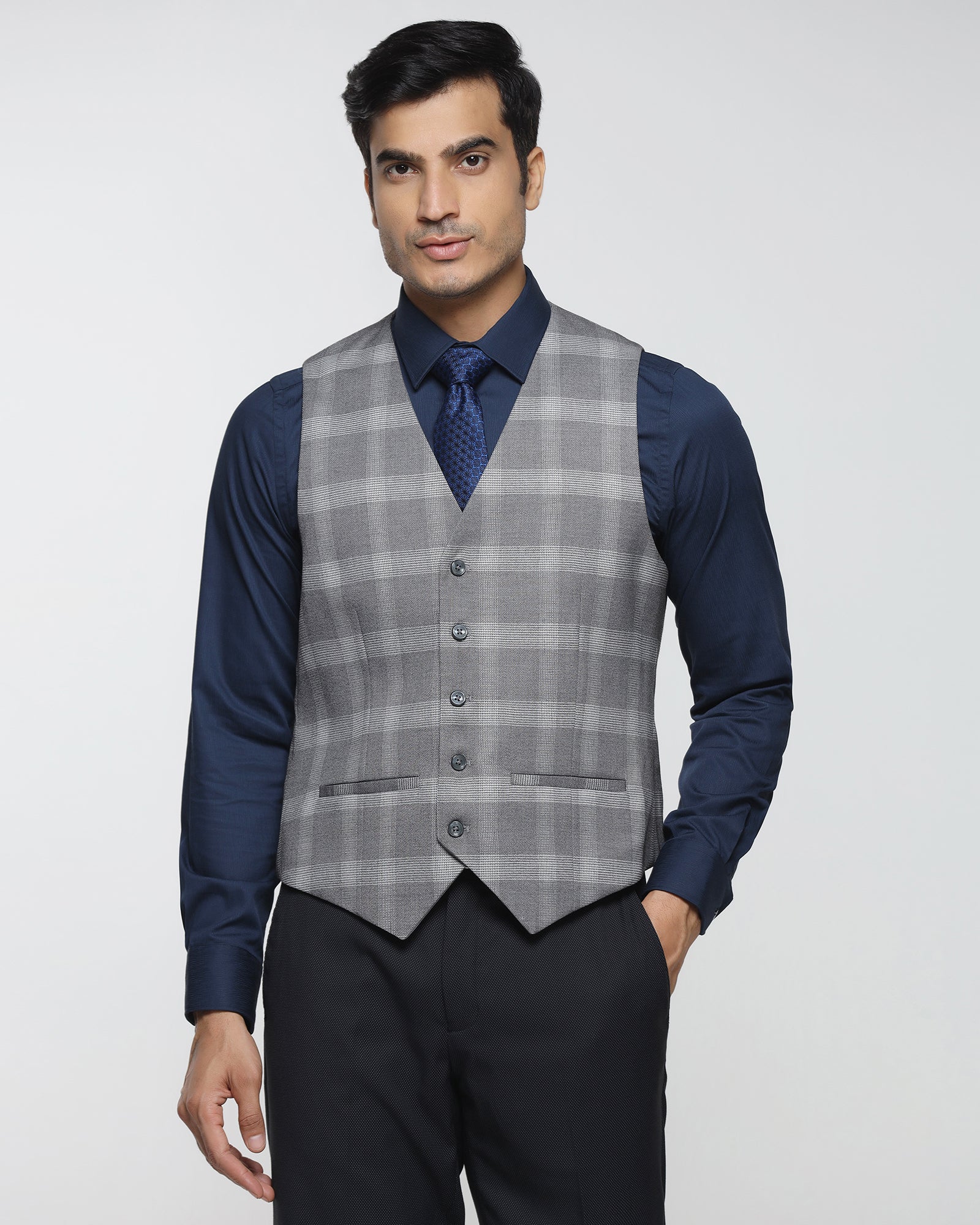 Grey V-Neck Check Waistcoat - Cabbot