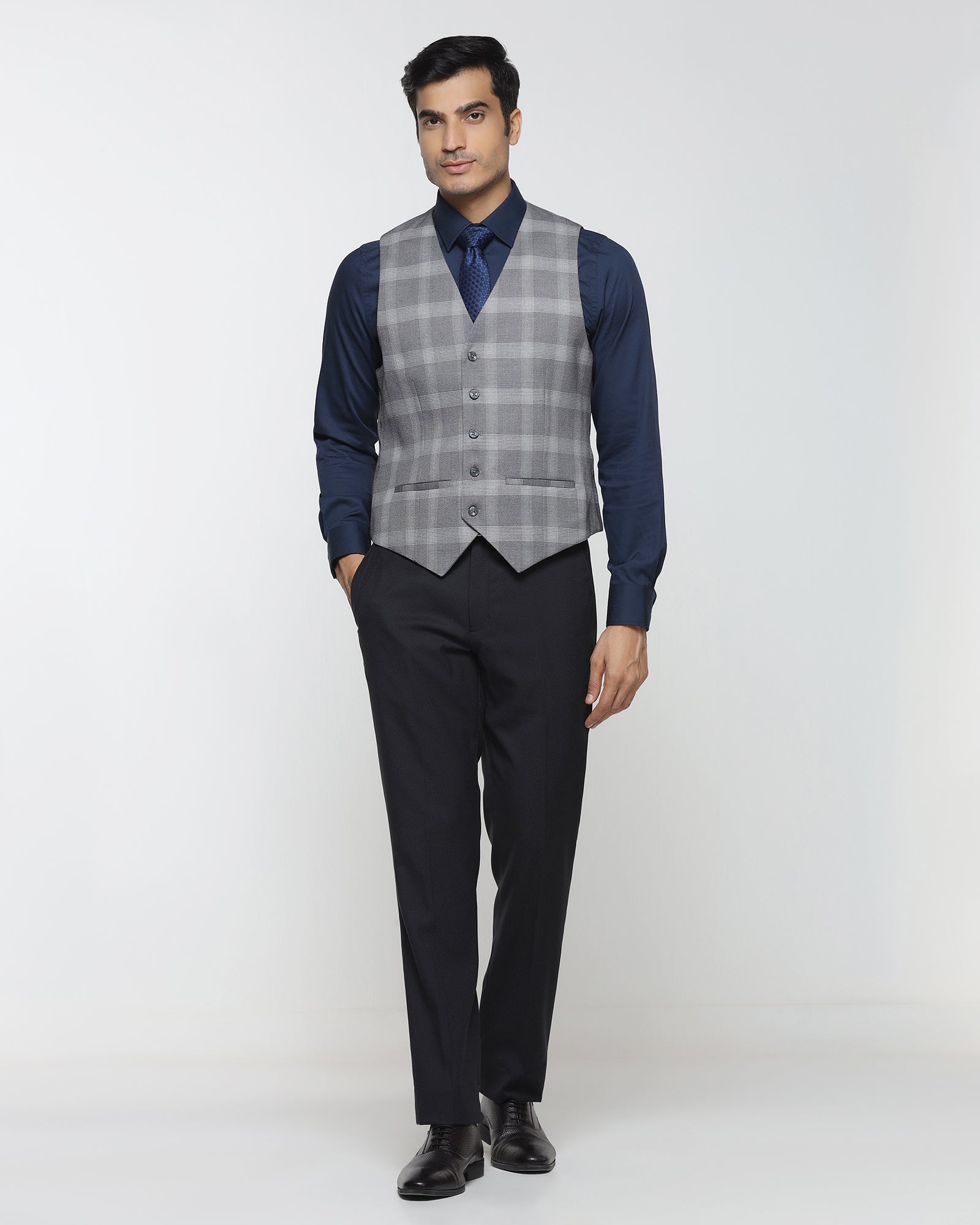 Grey V-Neck Check Waistcoat - Cabbot