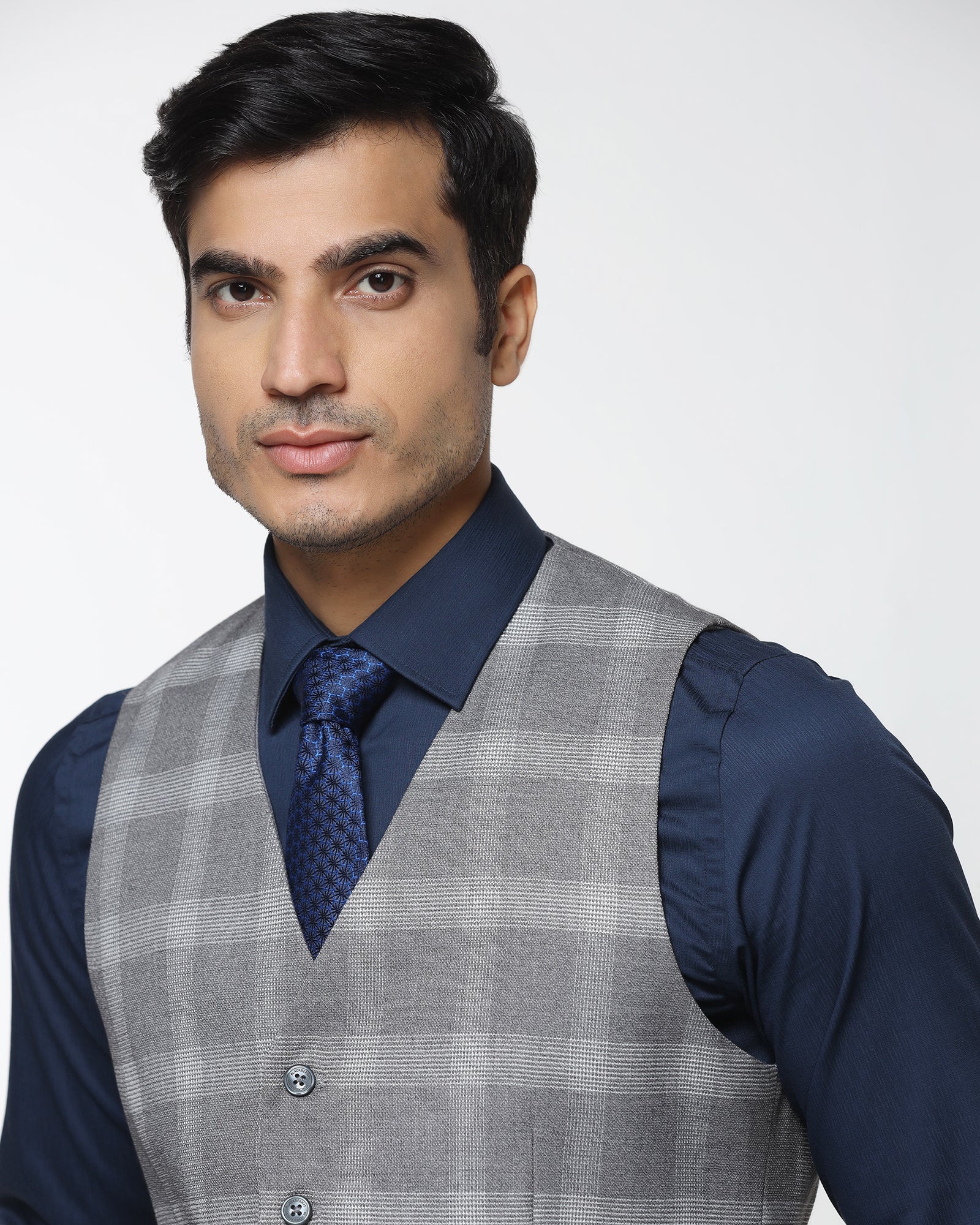 Grey V-Neck Check Waistcoat - Cabbot