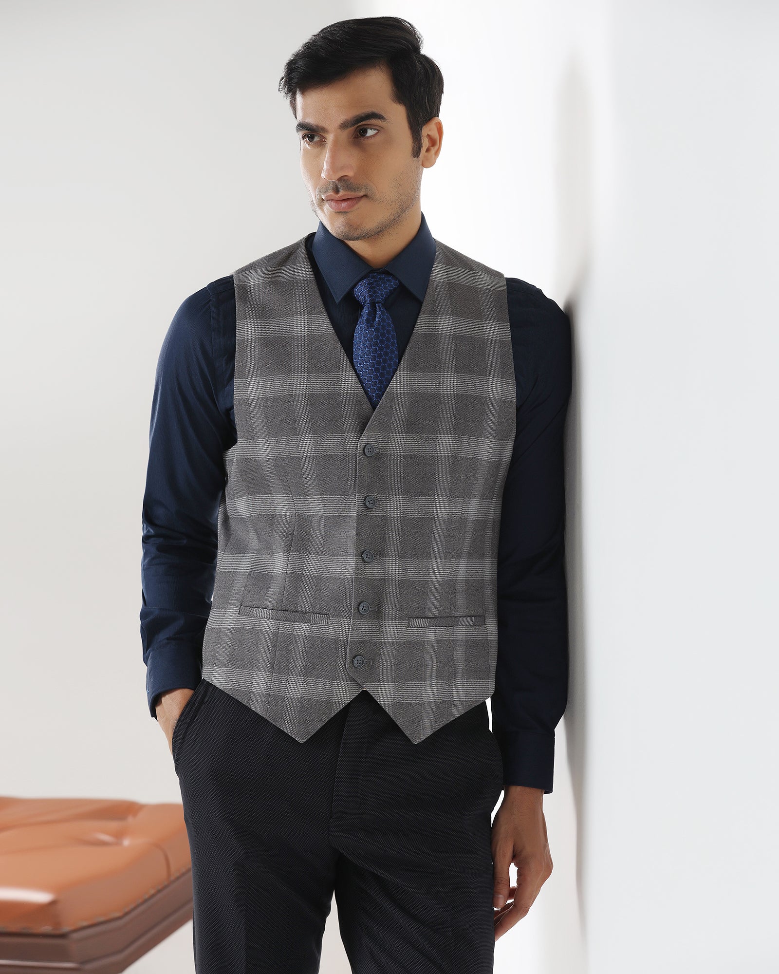 Grey V-Neck Check Waistcoat - Cabbot