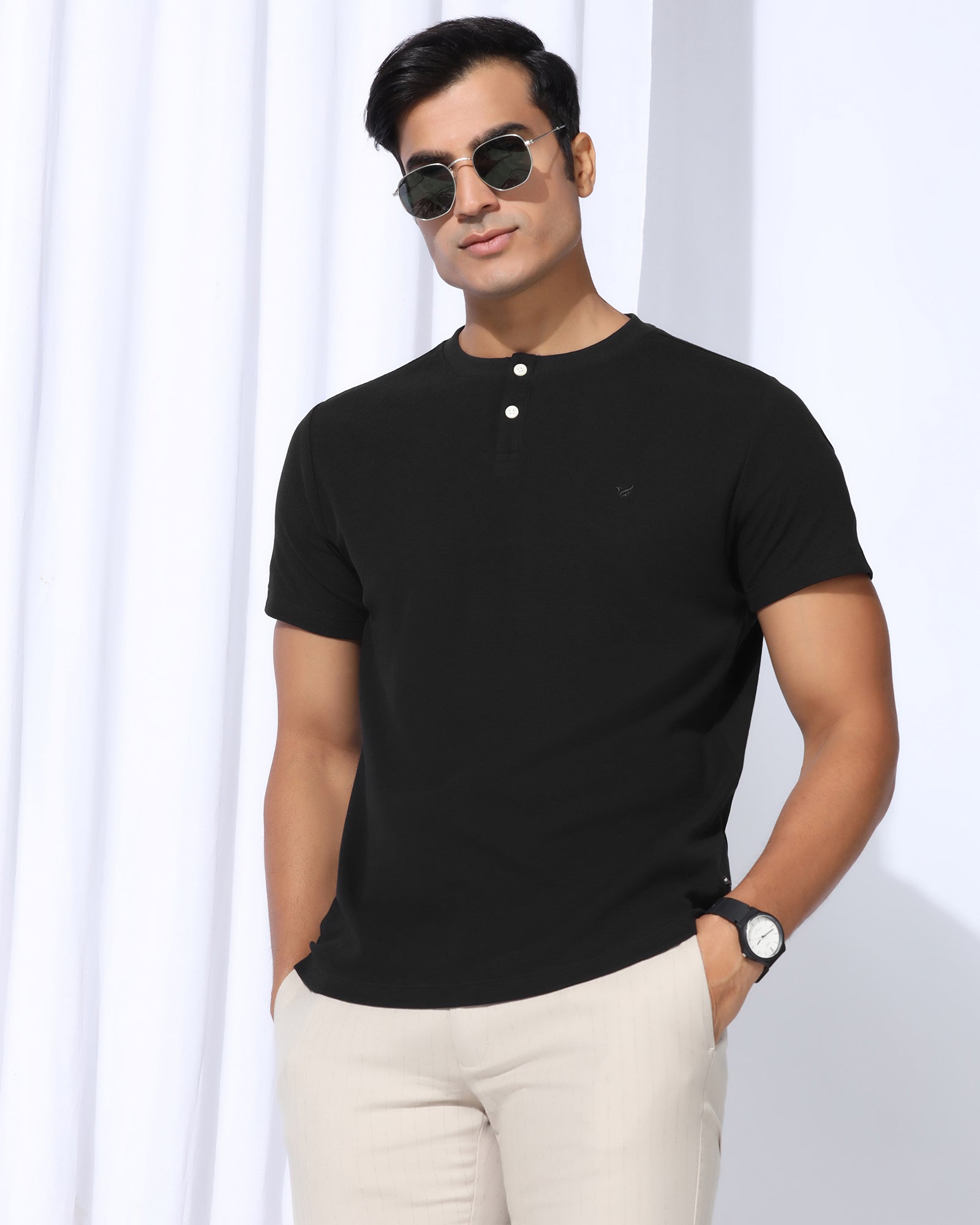Henley Collar Black Textured T-Shirt - Clark