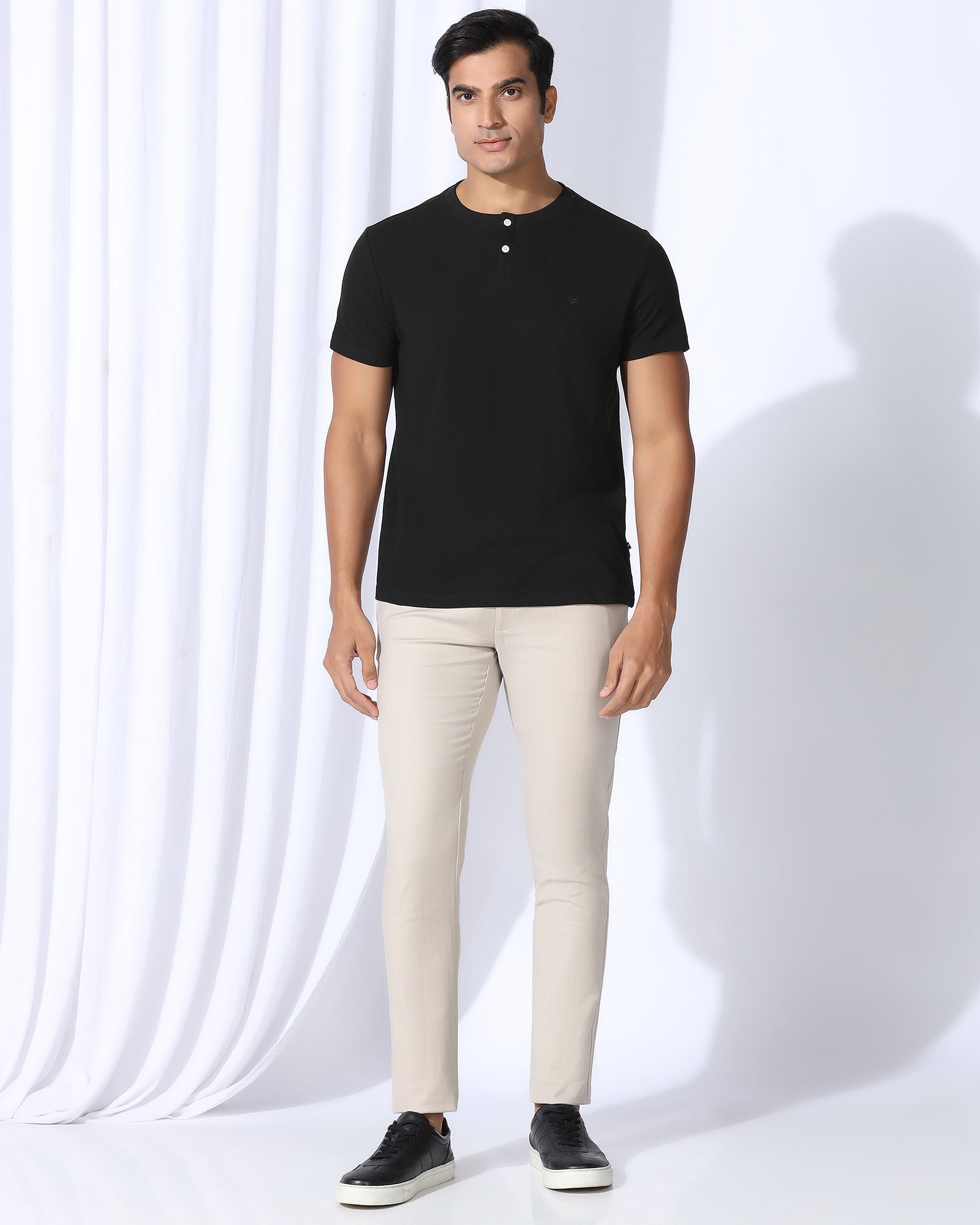 Henley Collar Black Textured T-Shirt - Clark