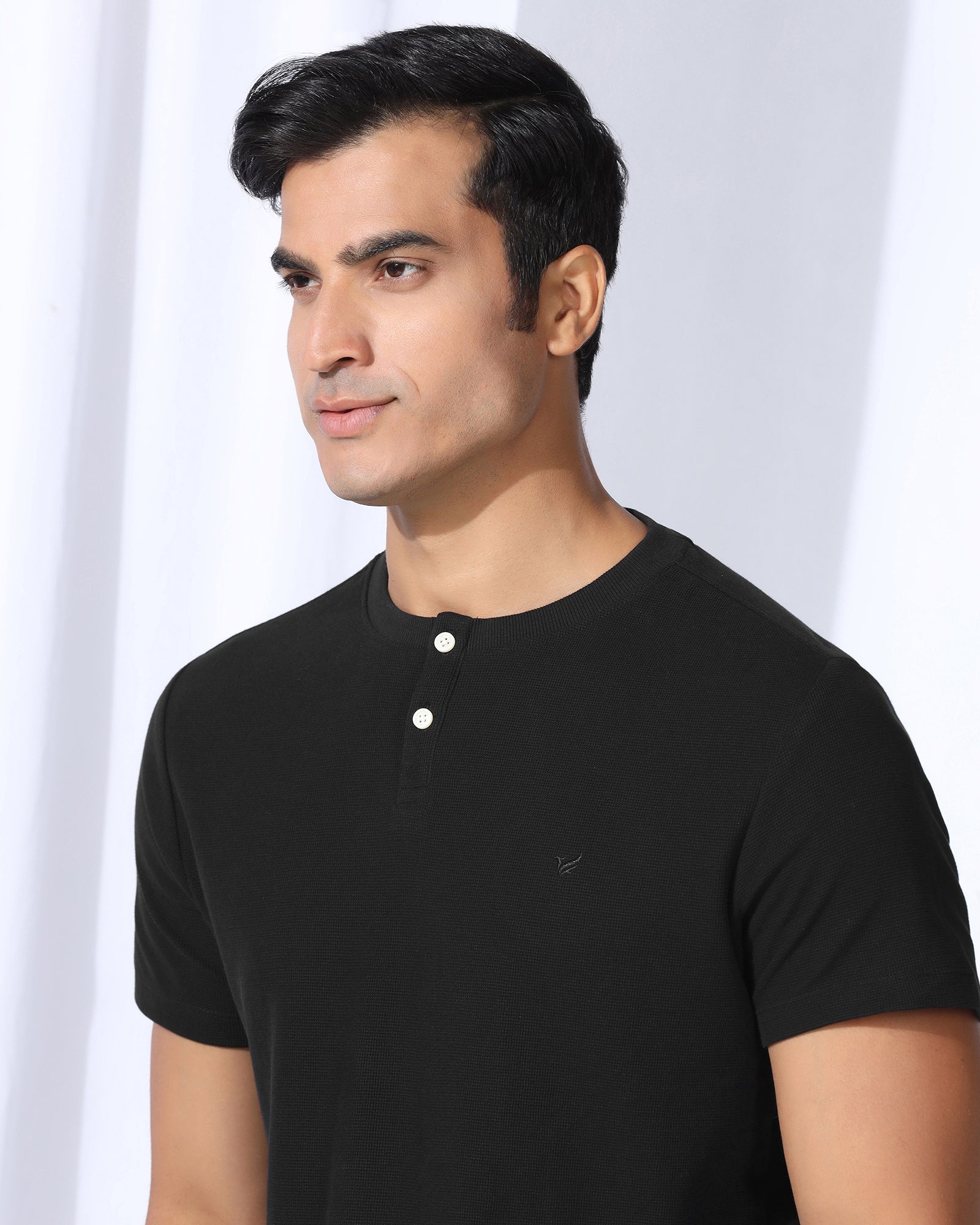 Henley Collar Black Textured T-Shirt - Clark