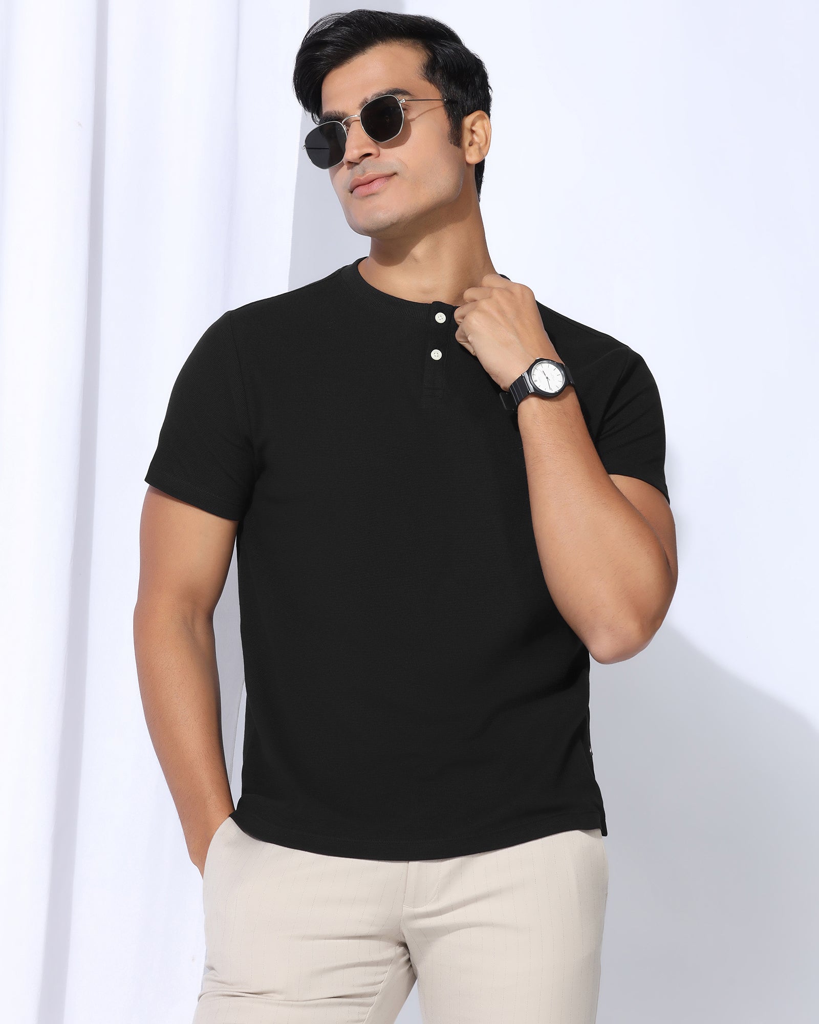 Henley Collar Black Textured T-Shirt - Clark