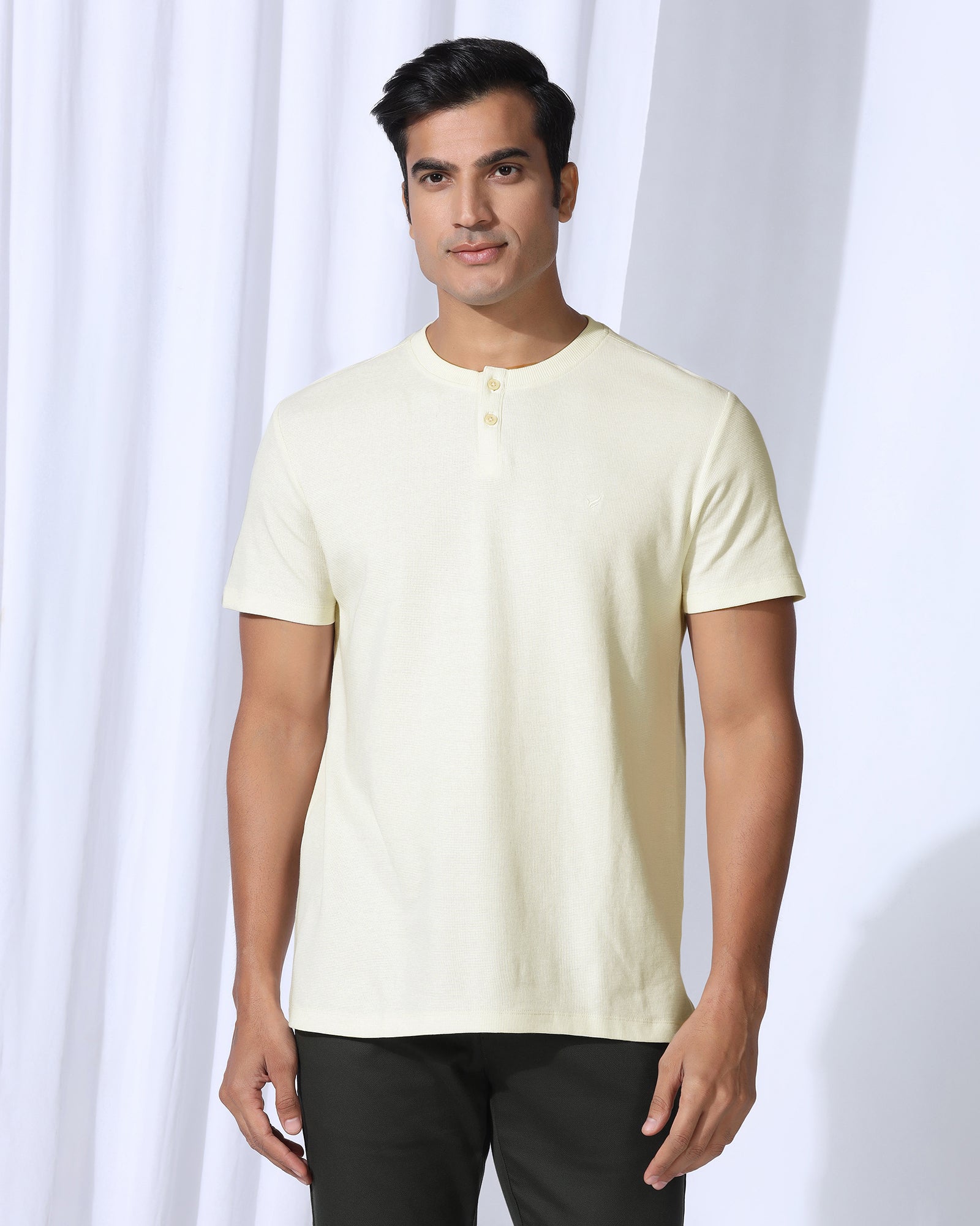 Henley Collar Powder Yellow Textured T-Shirt - Clark