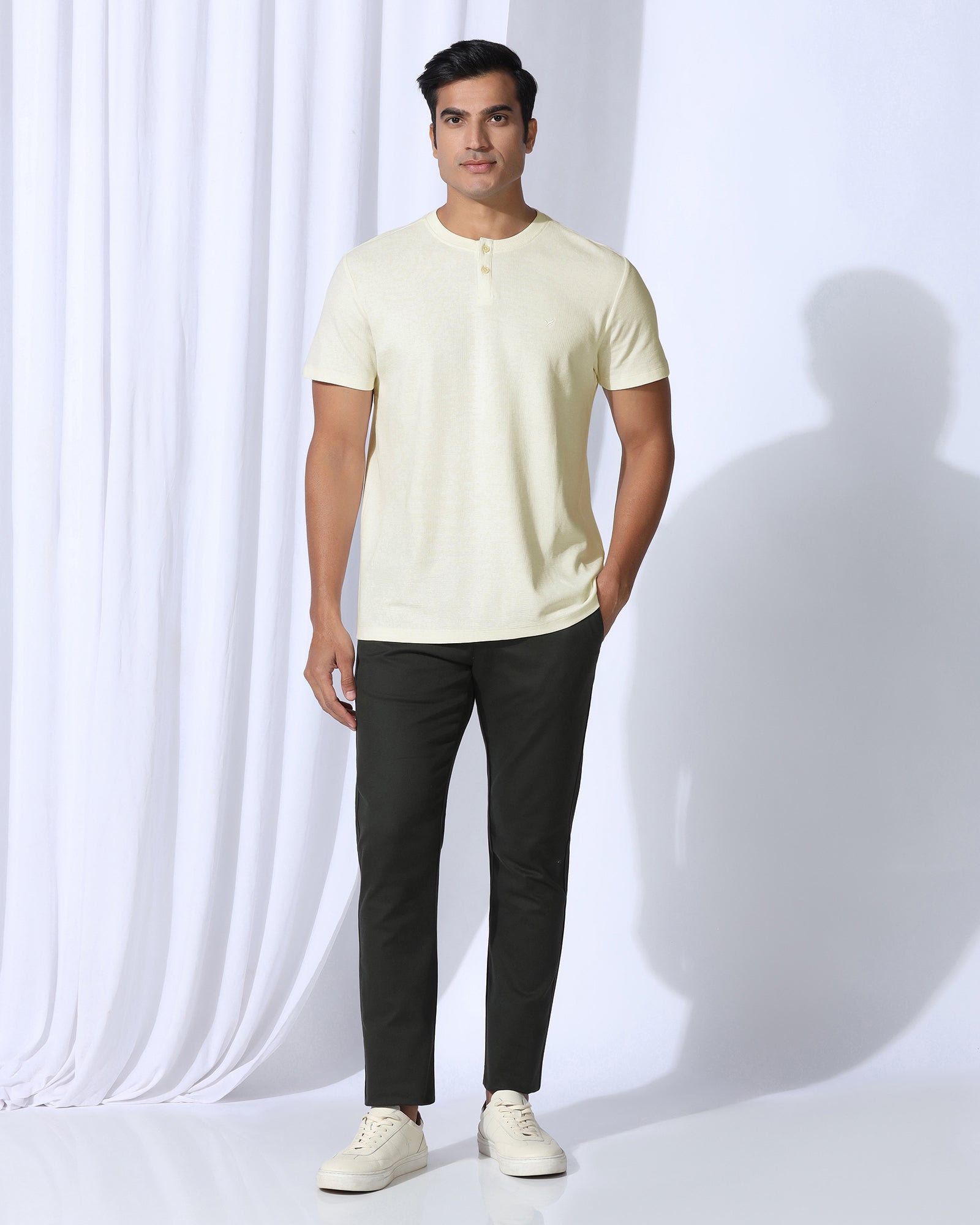 Henley Collar Powder Yellow Textured T-Shirt - Clark