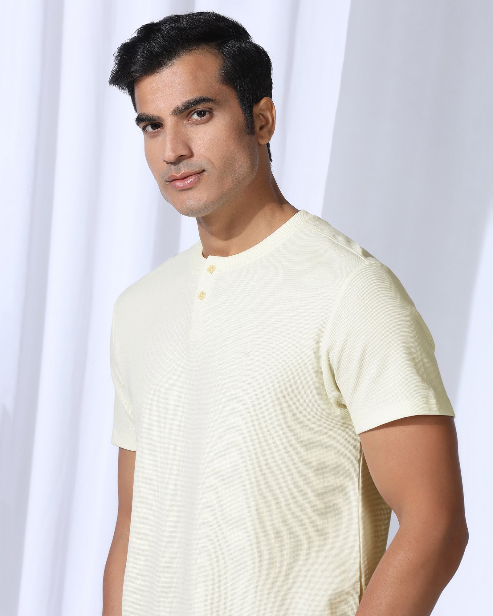 Henley Collar Powder Yellow Textured T-Shirt - Clark