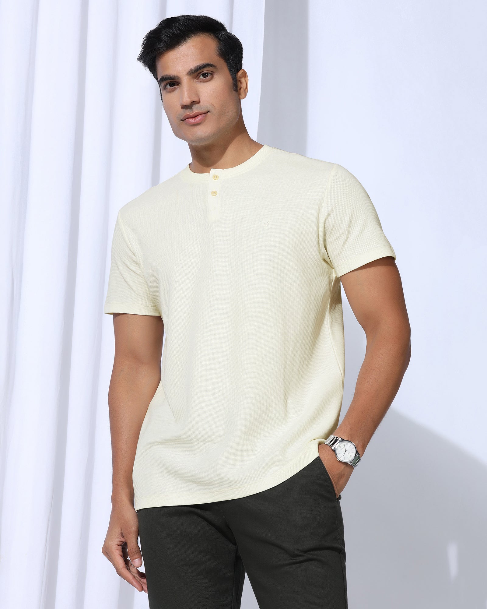 Henley Collar Powder Yellow Textured T-Shirt - Clark