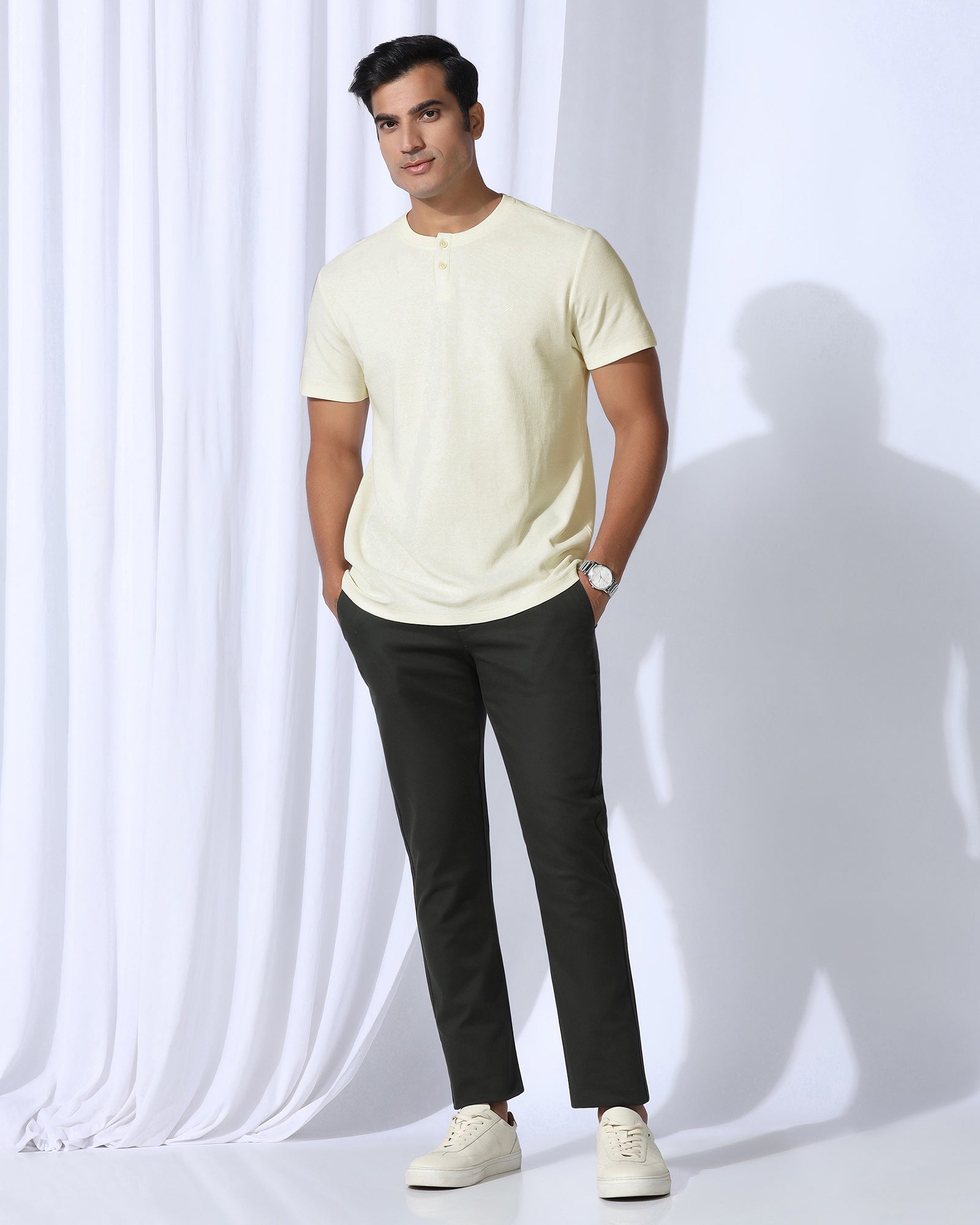 Henley Collar Powder Yellow Textured T-Shirt - Clark