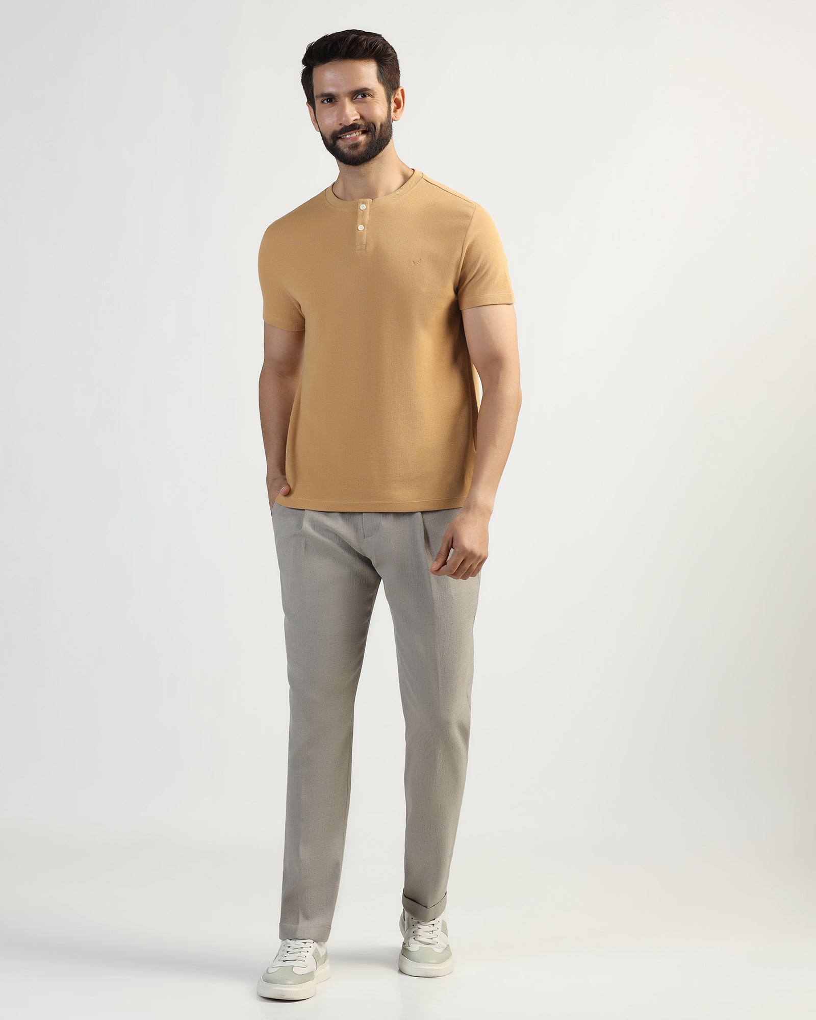 Henley Collar Tan Textured T-Shirt - Clark