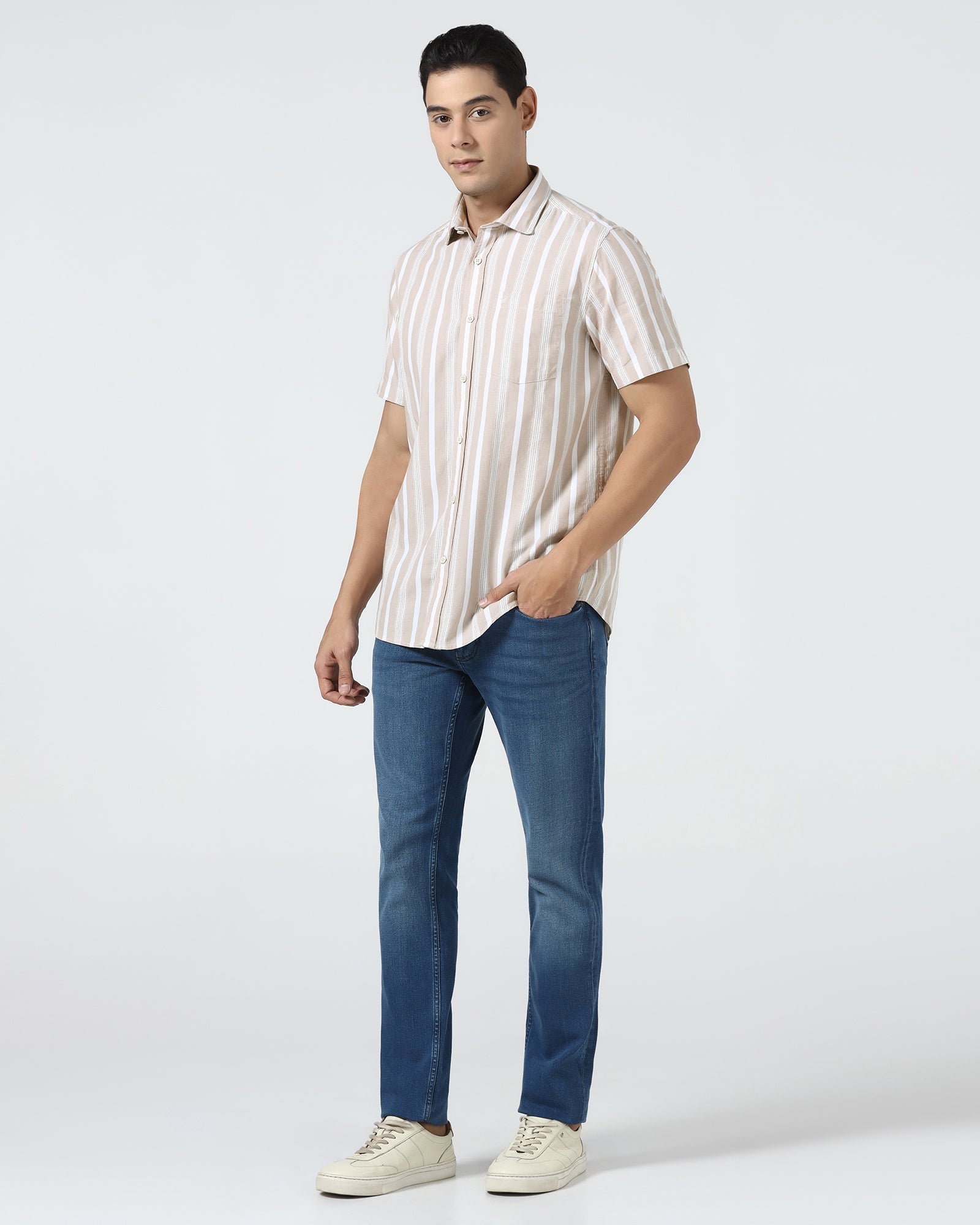 Khaki Half Sleeve Stripe Shirt - Mantus