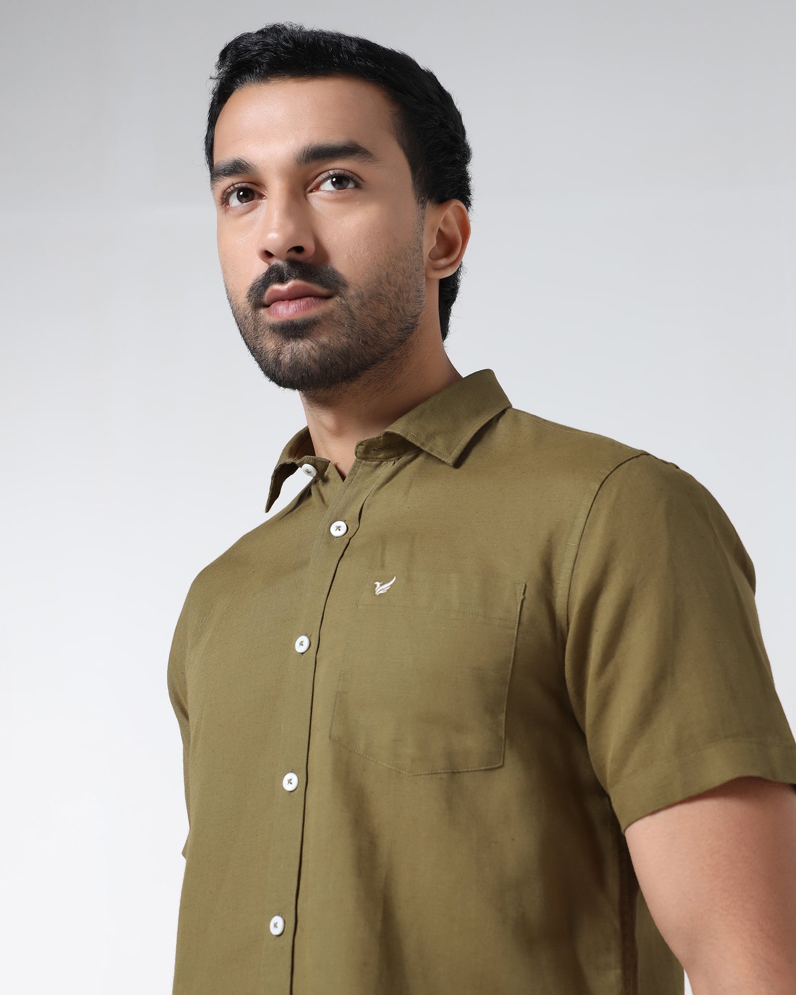 Khaki Half Sleeve Linen Solid Shirt - Cleo