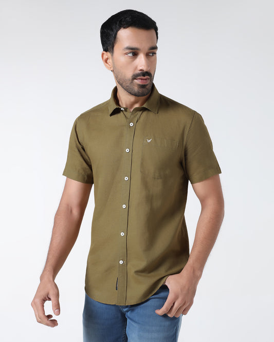 Khaki Half Sleeve Linen Solid Shirt - Cleo
