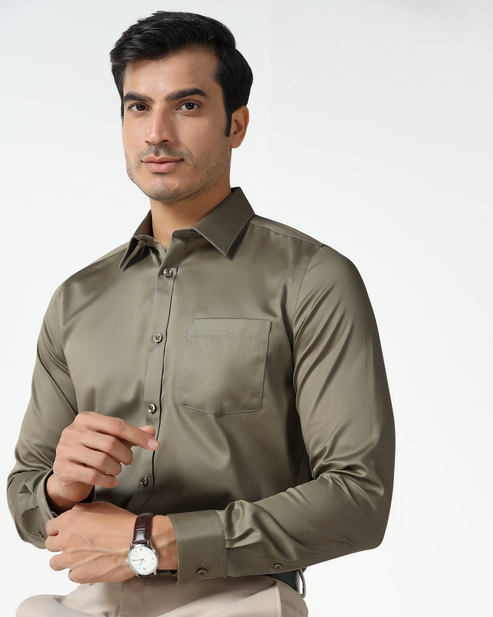 Khaki Non Iron Solid Shirt - Liviya