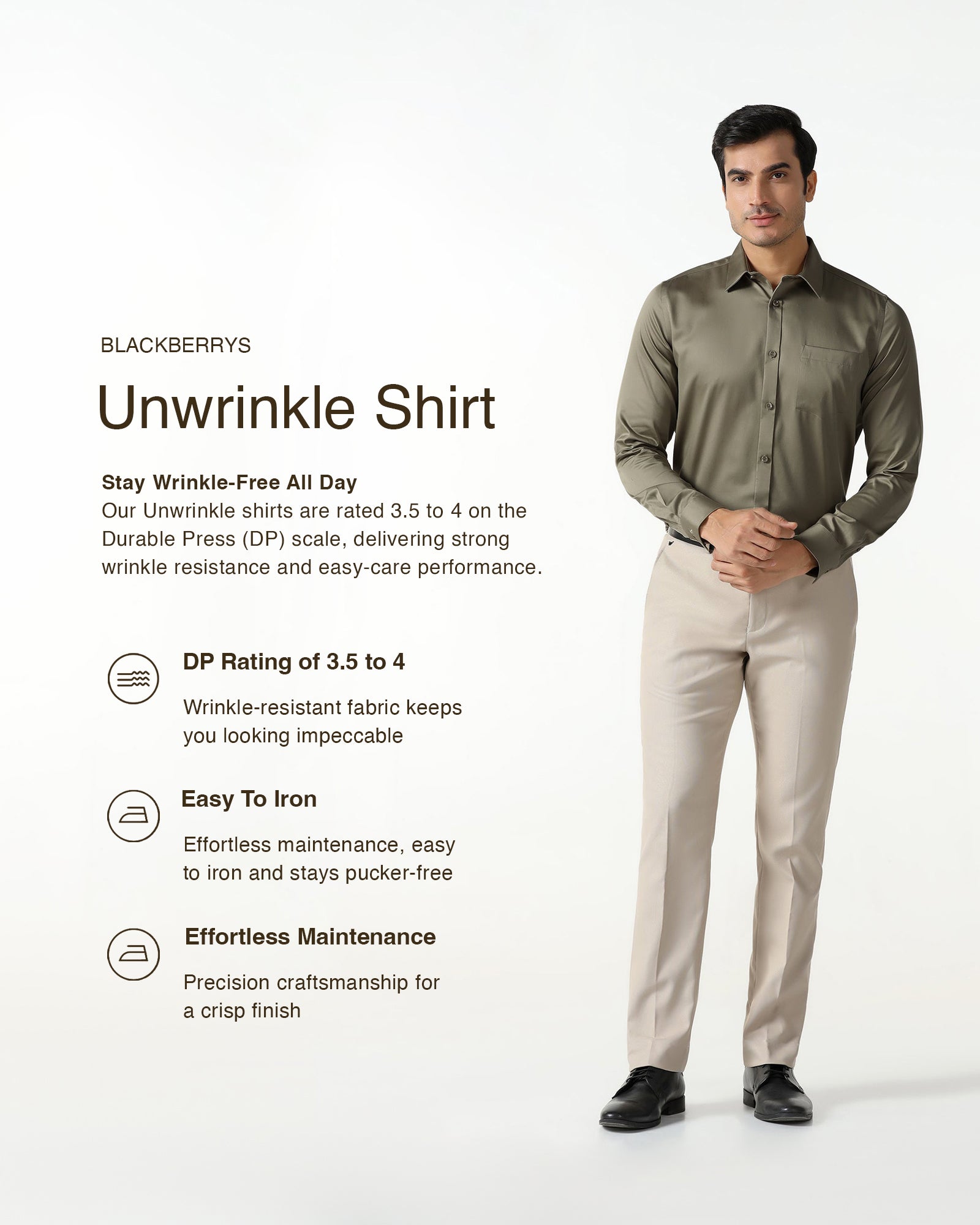 Khaki Unwrinkle Solid Shirt - Liviya