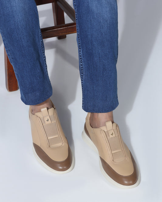 Leather Beige Solid Sneakers - Tummi