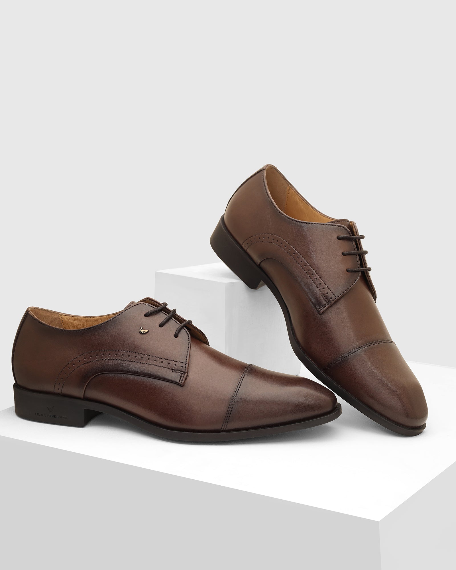 Leather Brown Solid Derby Shoes - Vakul