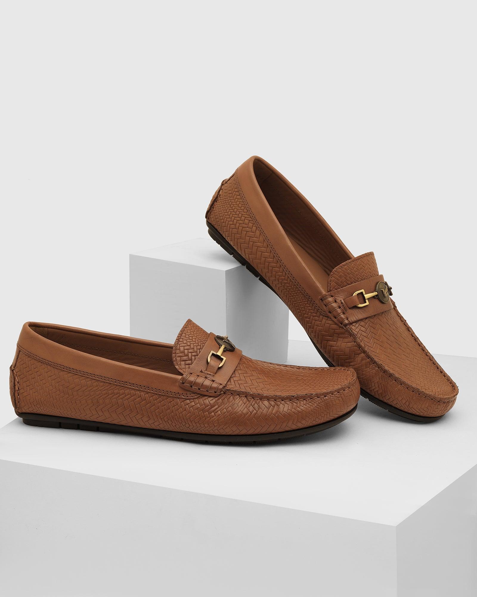 Leather Casual Tan Textured Loafers Shoes - Thread