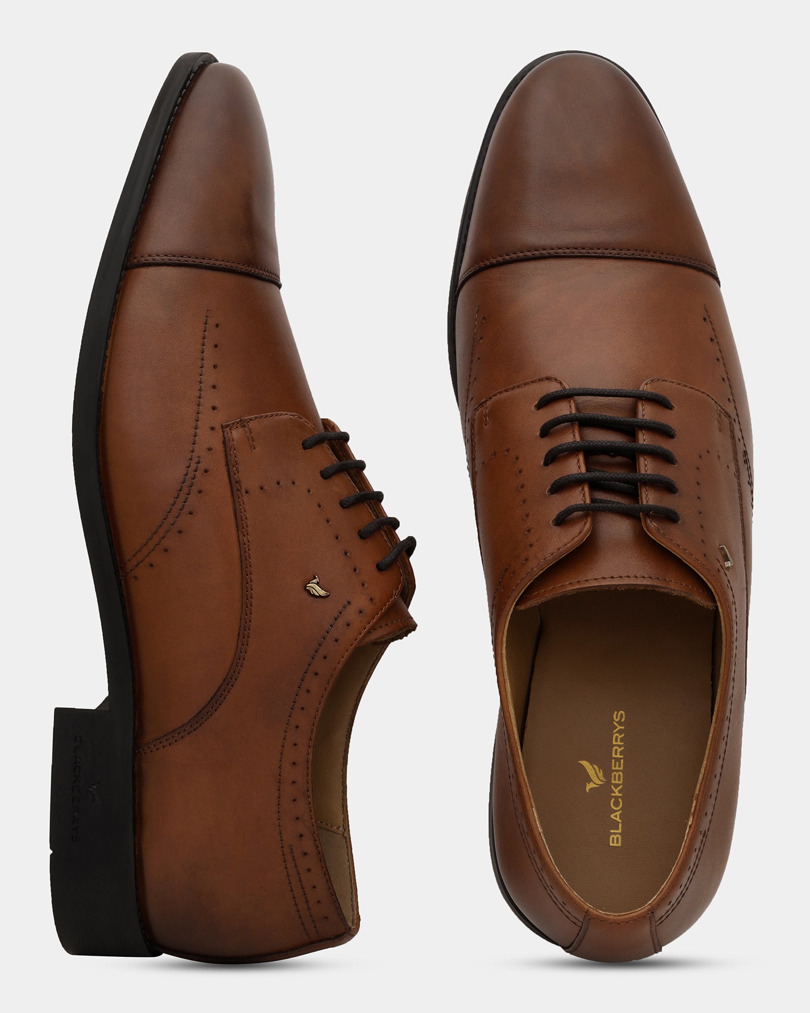 Leather Tan Solid Derby Shoes - Ally