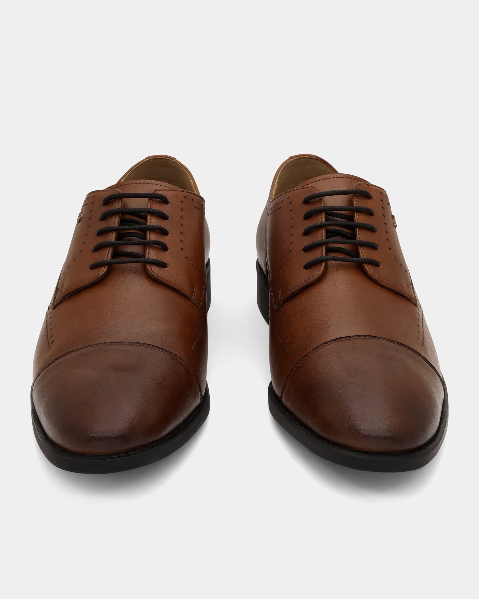 Leather Tan Solid Derby Shoes - Ally