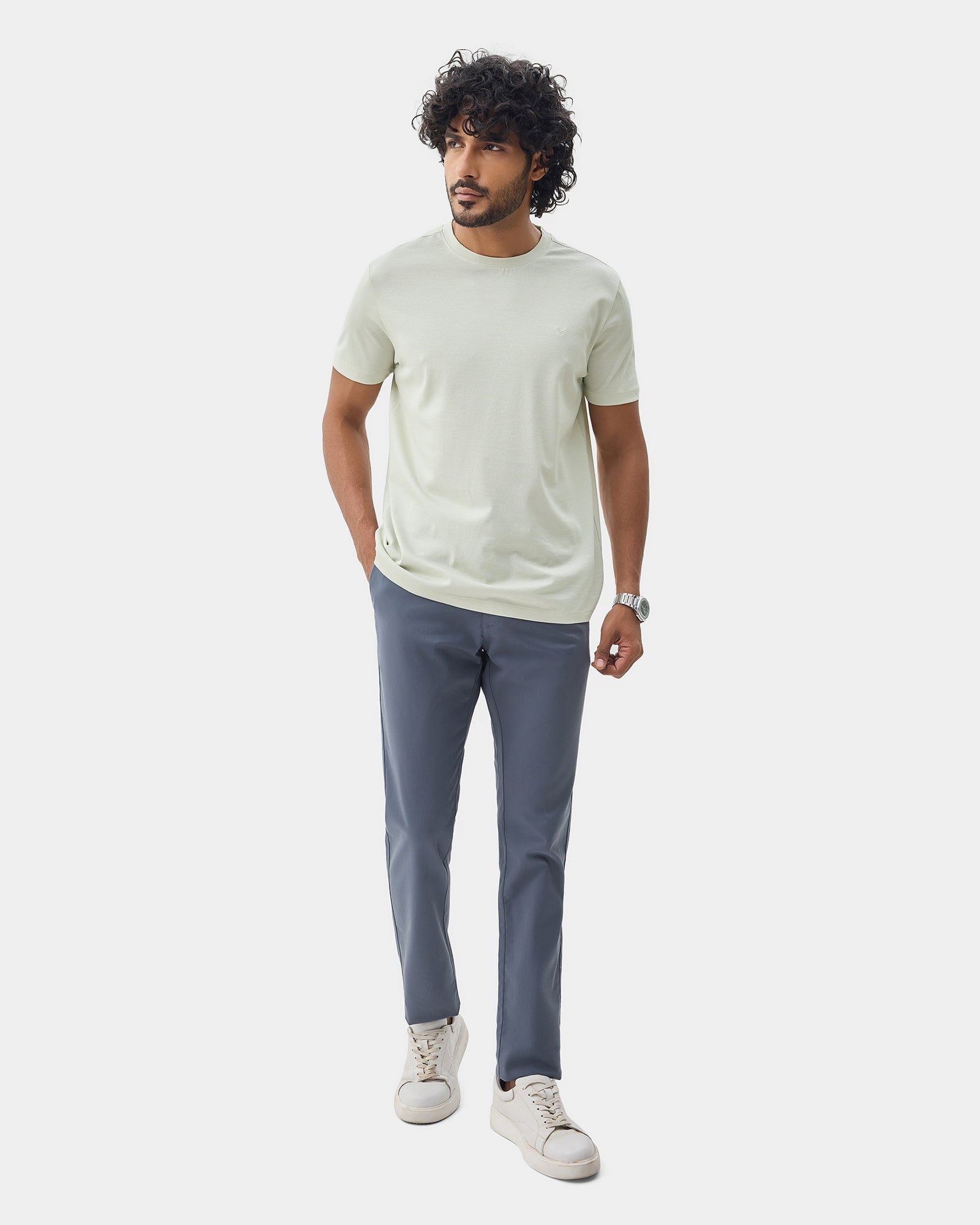 Light Green Crew Neck Textured T-Shirt - Yamazaki
