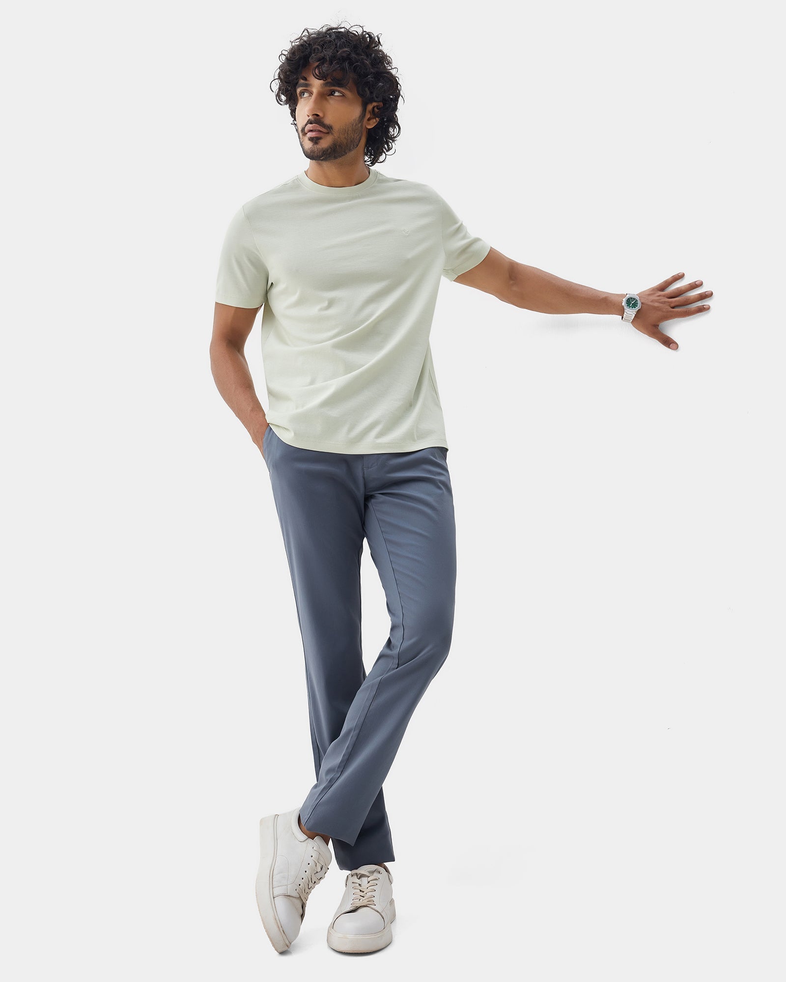 Light Green Crew Neck Textured T-Shirt - Yamazaki