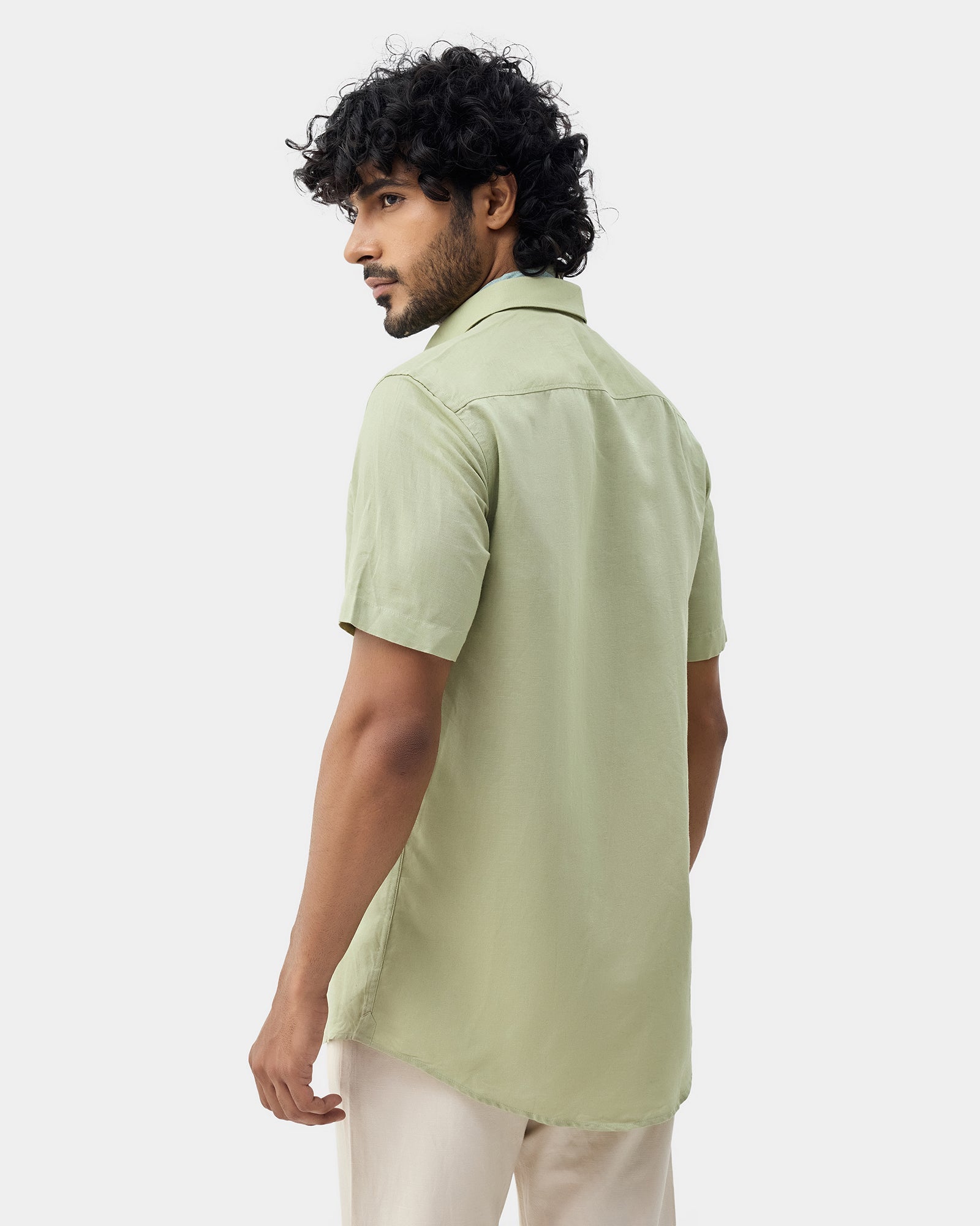 Light Green Half Sleeve Linen Solid Shirt - Cleo