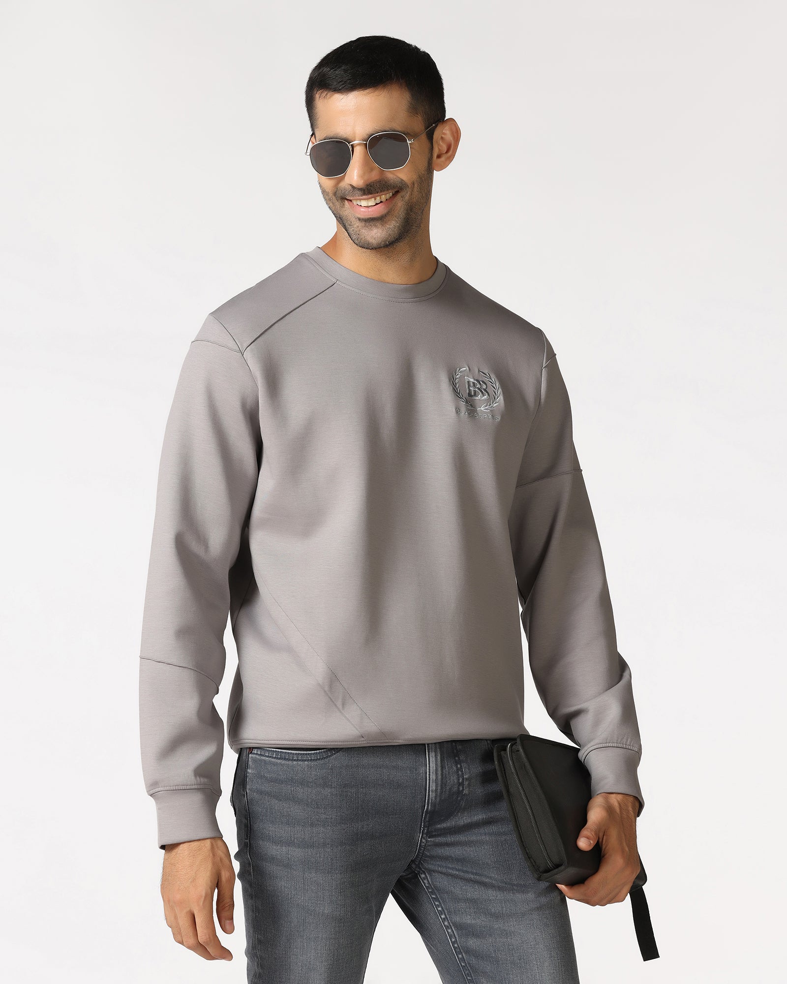 Light Grey Crew Neck Solid Sweatshirt - Dapper